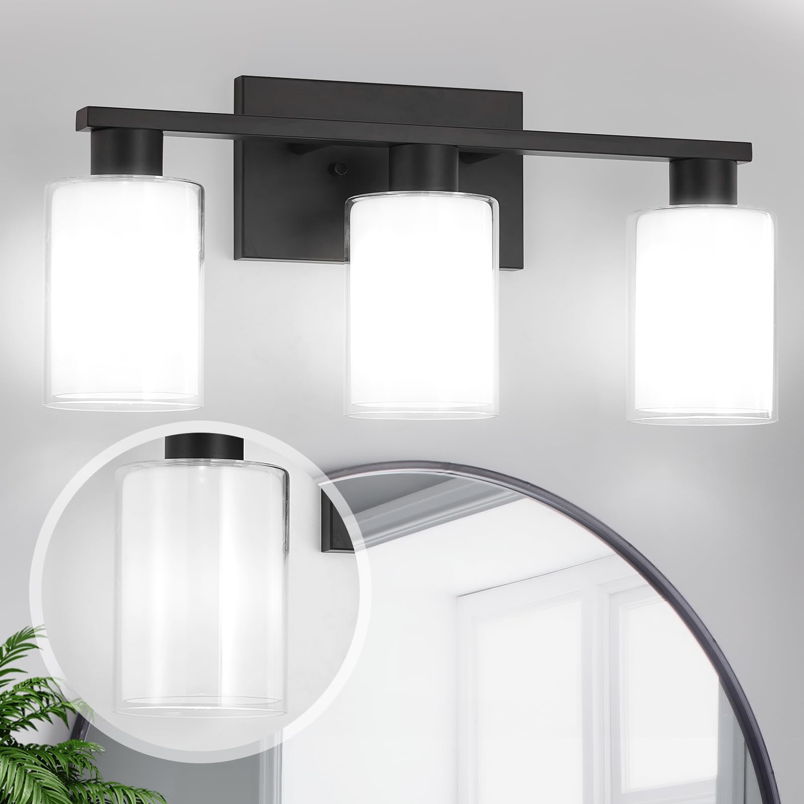 Punsoko Black Bathroom Light Fixtures, Anti-Rust 3 Light Bathroom Vanity Lights, Modern Vanity Light Over Mirror With Frosted Glass And Clear Glass Shade, E26 Base Vanity Lighting