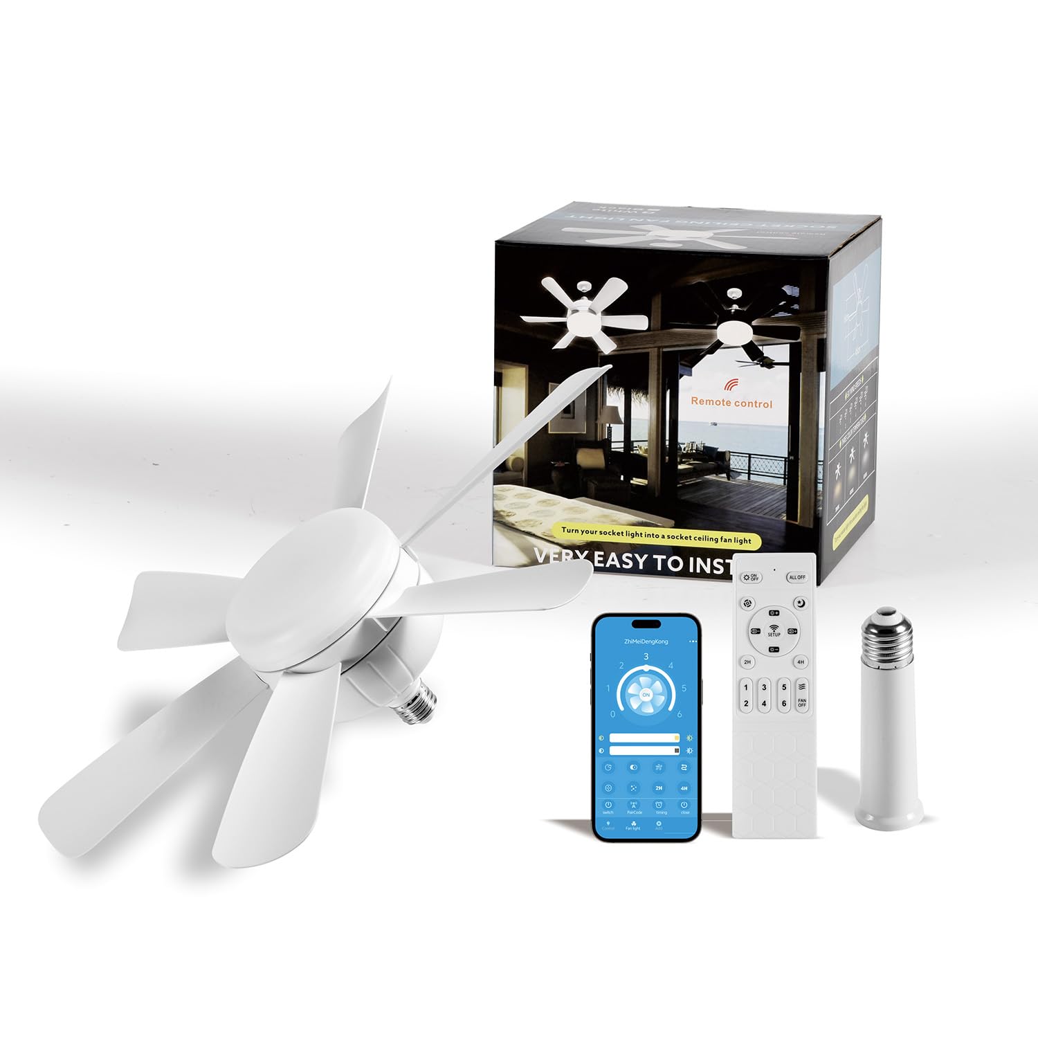 Superyofo Socket Fan LED Ceiling Lights, 18inch, APP Control, Dimmable, 3 Color (3000K-6500K), White, E26 Bulb, 180