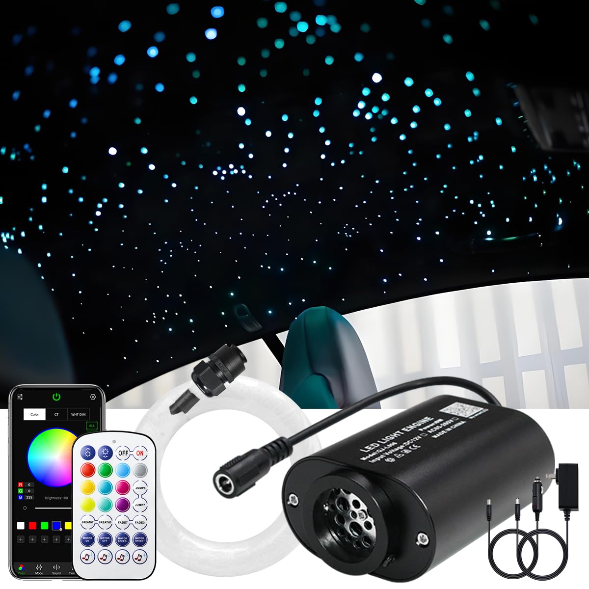 AKEPO 6W Mini Size Twinkle RGBW Fiber Optic Lights, Mixed 295pcs 9.8ft/3m Music Activated APP Control Optical Fiber Optic Star C