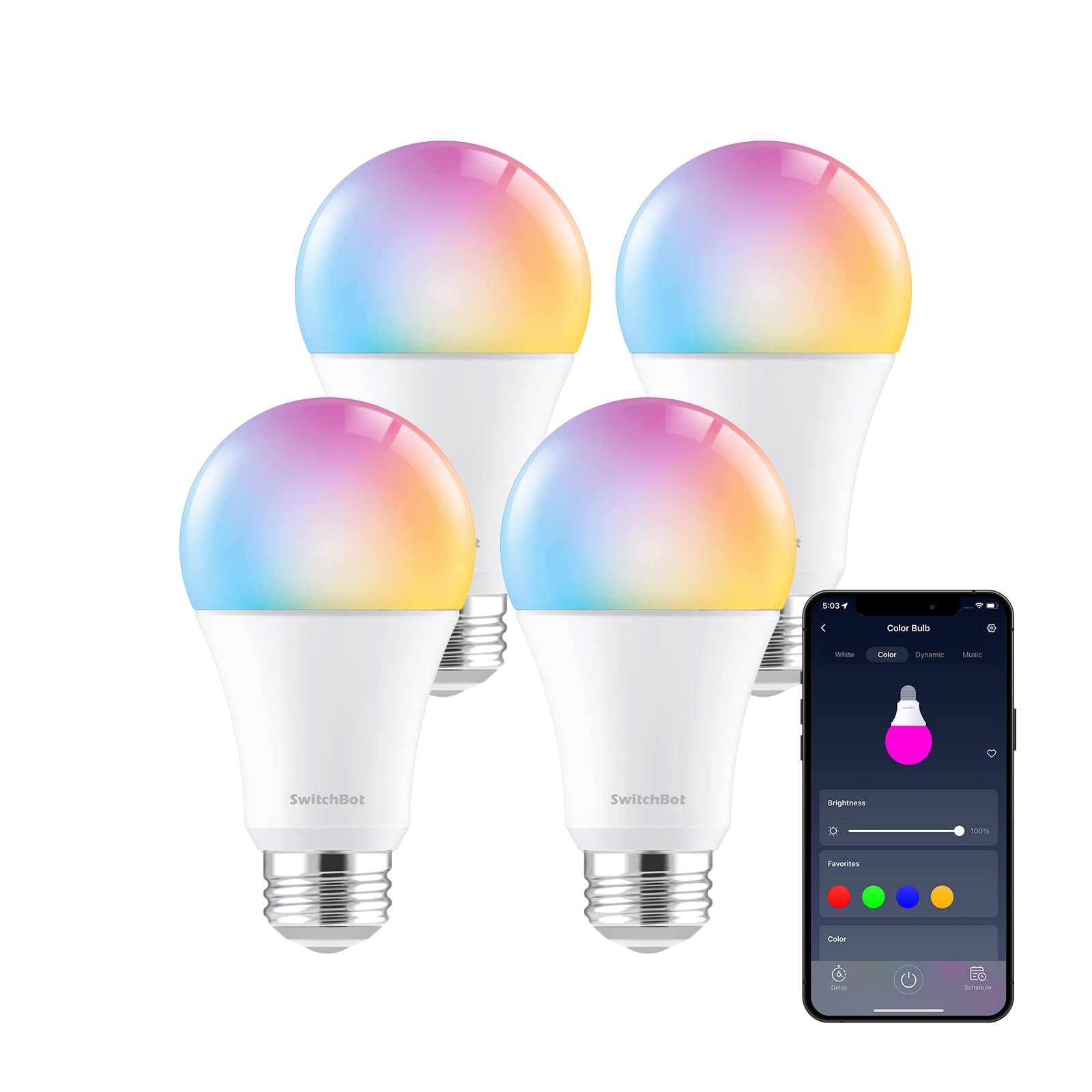 SwitchBot Smart LED Light Bulb  Color Changing Dimmable WiFi&Bluetooth Bulb Works with Alexa&Google, RGBCW Multicolor Warm Whit