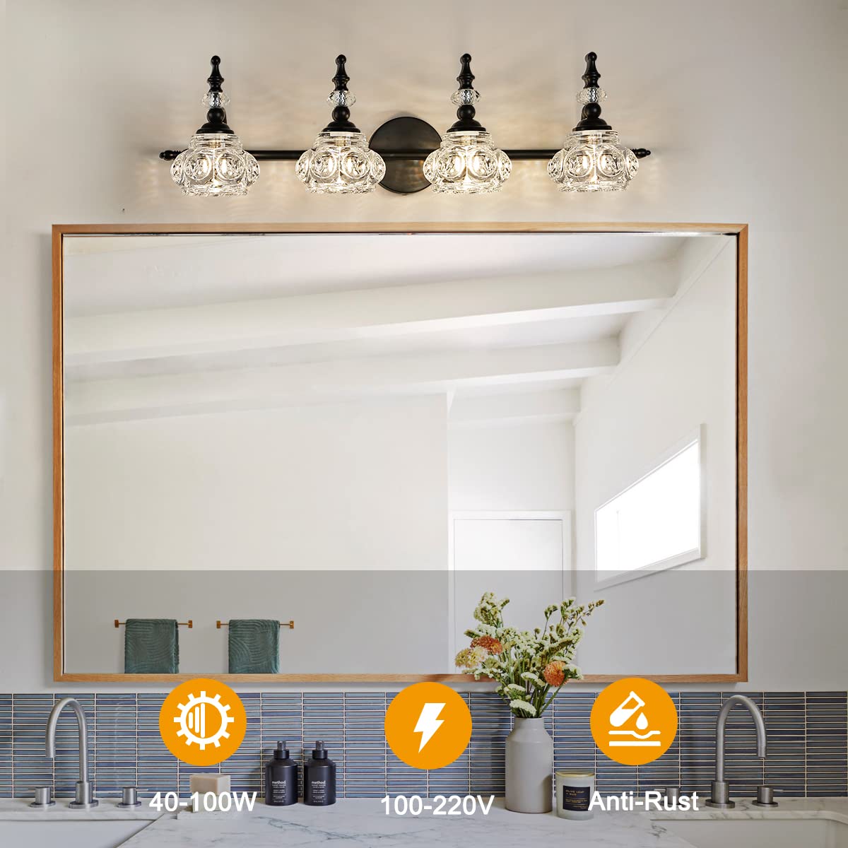 Zilanl 4-Light Vanity Light Fixture - Black Vintage Bathroom Lighting With Crystal Glass Shade