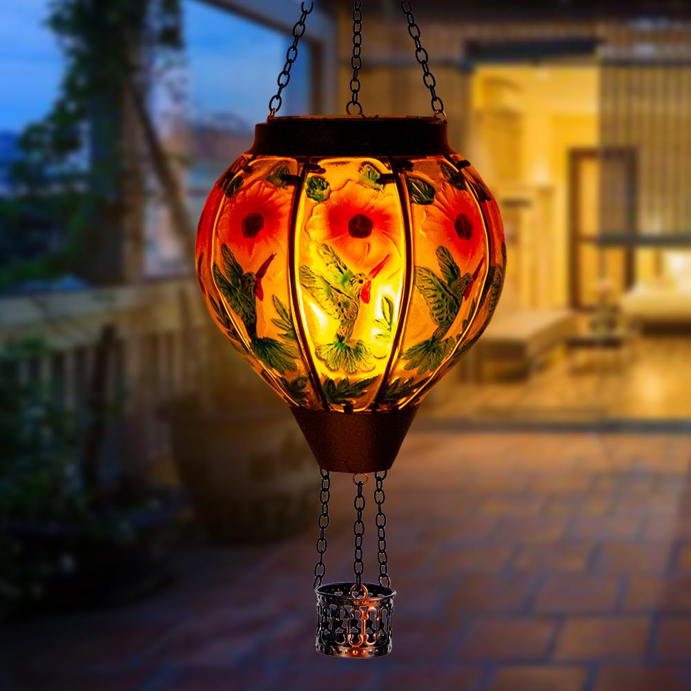 Dreamsoul Hummingbird Hot Air Balloon Solar Lantern, Hanging Solar Lanterns Outdoor With Flickering Flame Light, Metal & Glass S