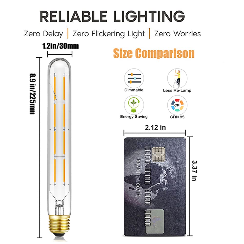 Leools T10 LED Bulbs 8W Dimmable, 75W Equivalent, 2700K Warm White, 8.9in, 4-Pack