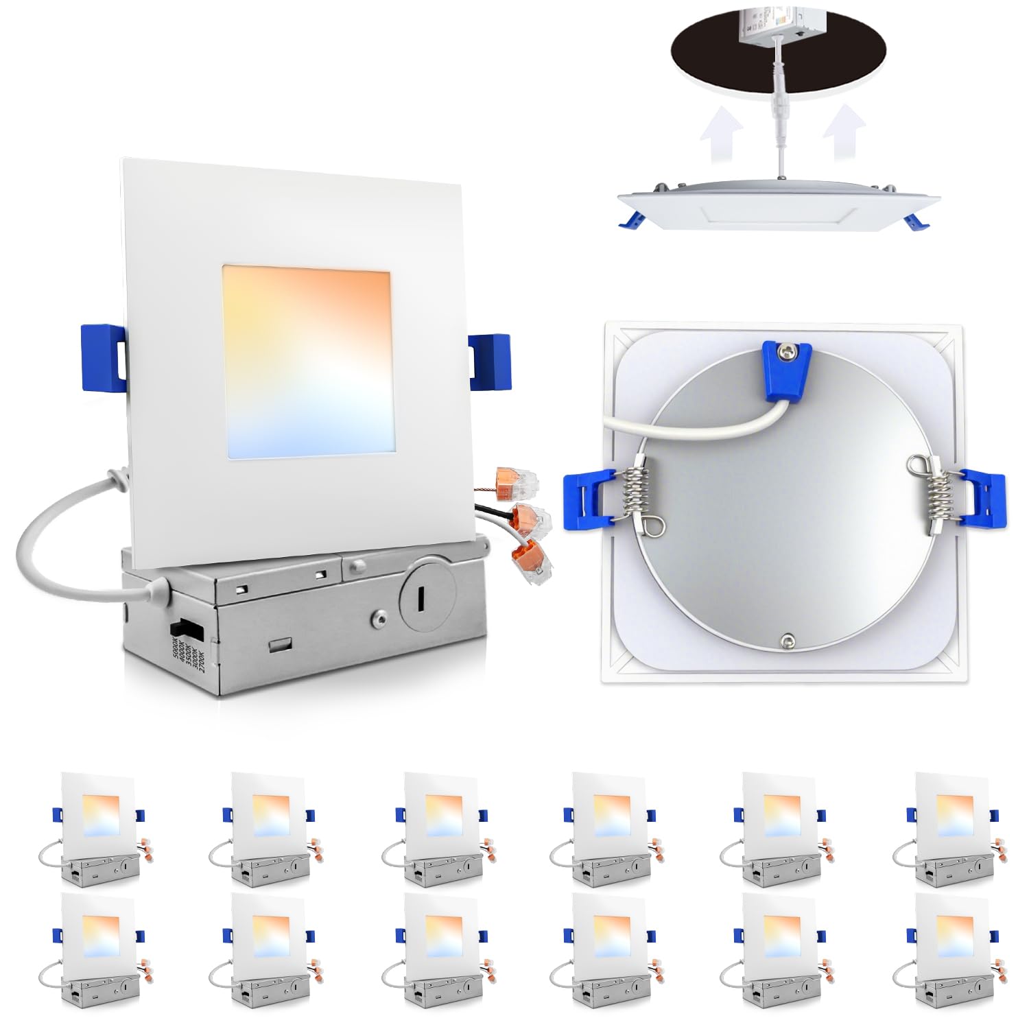 Adetu 12 Pack 4 Inch Square Led Recessed Lighting  5Cct Ultra Thin Square Led Ceiling Light With Junction Box  10W 860Lm  Cri90  2700K-5000K Selectable  Dimmable Canless Downlight  Etl And Energy Star