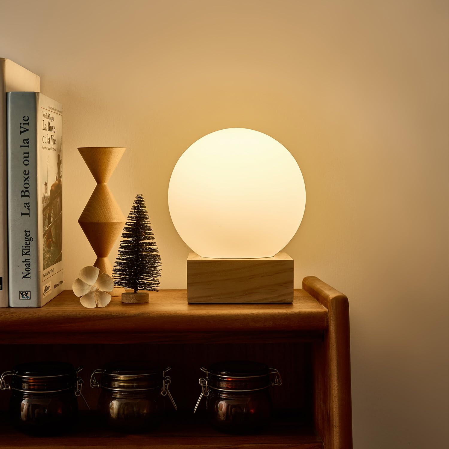 Flornia Globe Ball Lamp Modern Industrial Table Lamp, Unique Bedside Nightstand Desk Lamp With Glass Shade And Solid Wood Base F