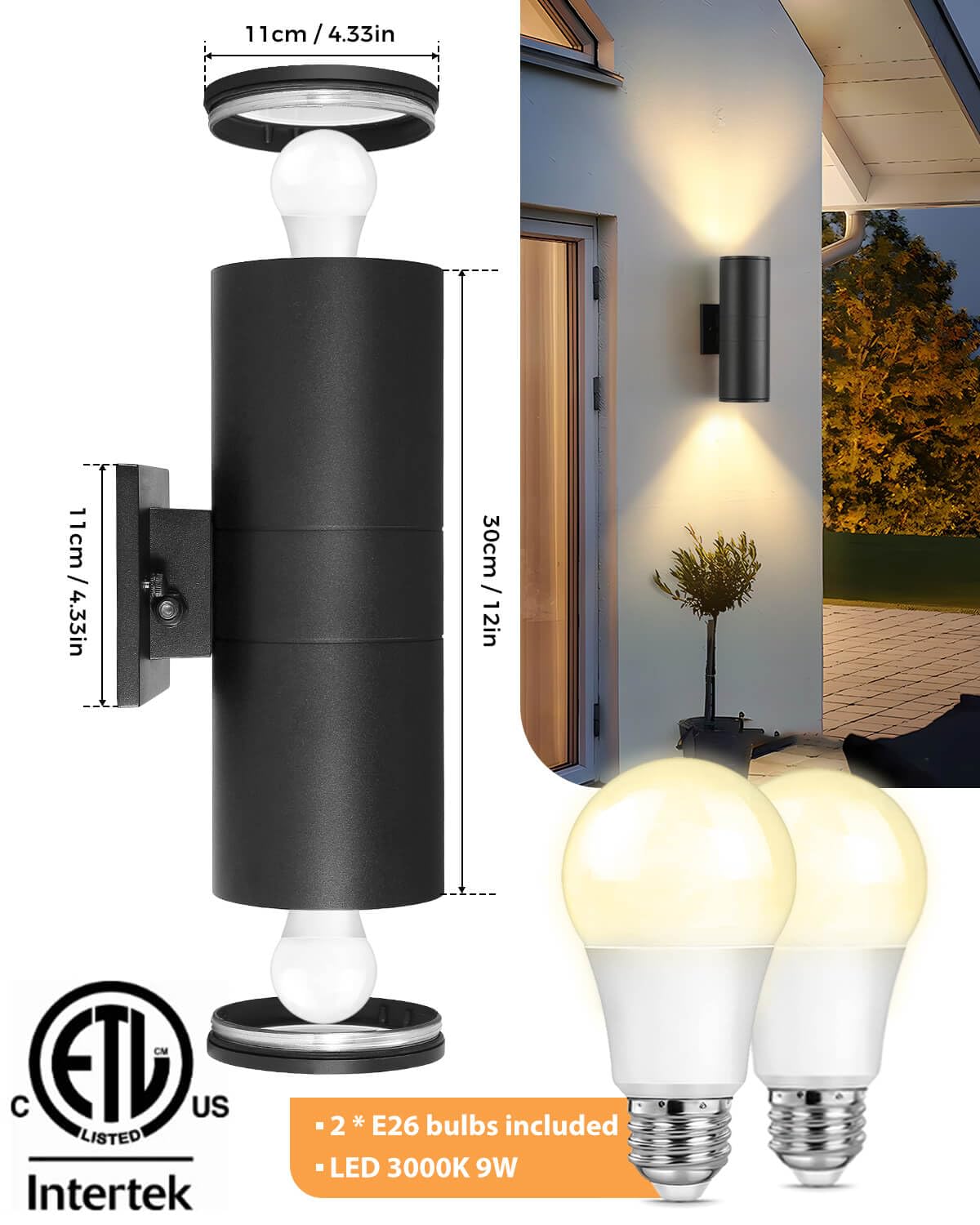 Shimr Modern Outdoor Wall Lights Dusk To Dawn  Up And Down Light With Led Bulbs Include  Cylinder Matte Black Outdoor Sconce Lights Exterior Lighting Fixtures For House Porch Garage [Etl Listed]