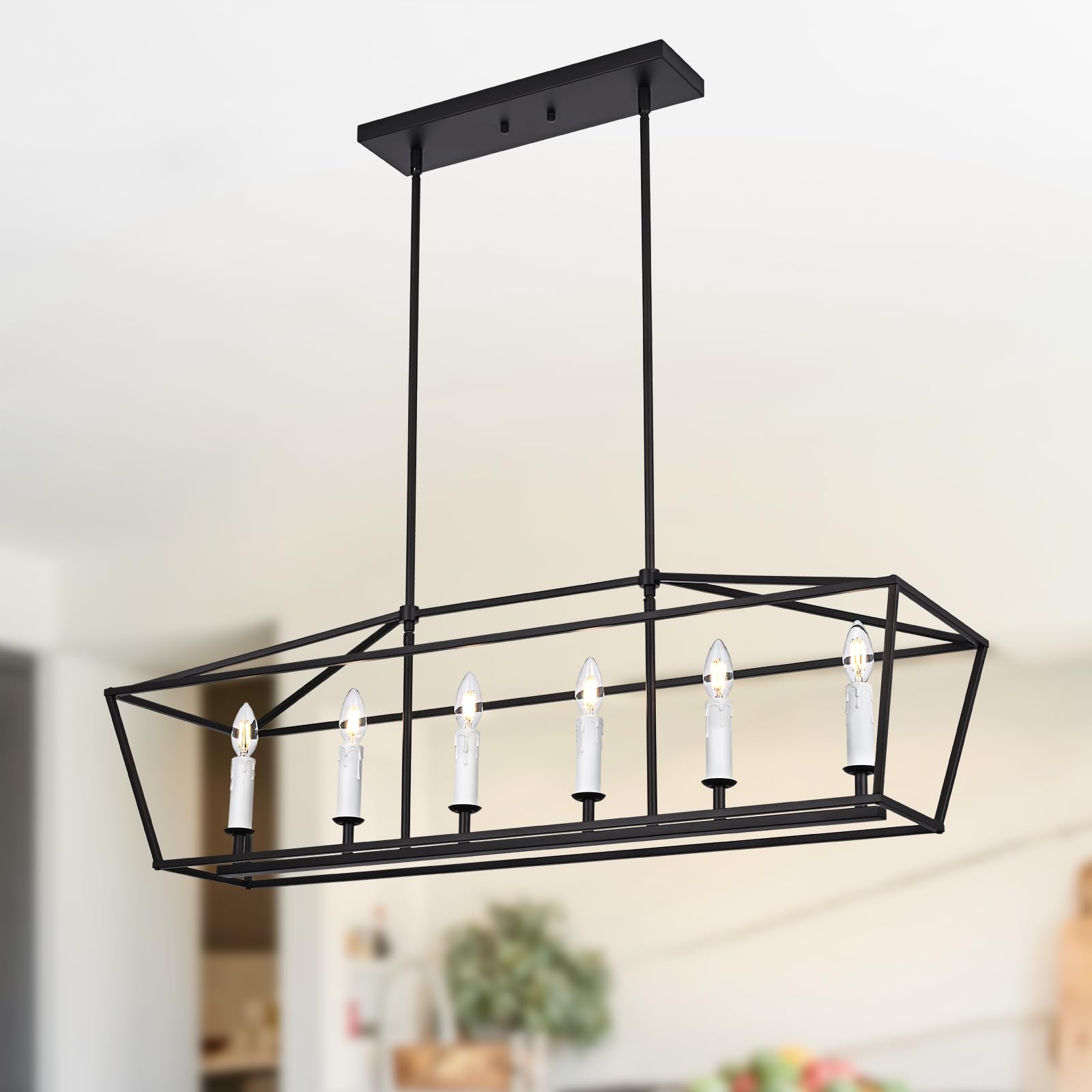 Winshen 6-Light Black Island Lighting  Industrial Pendant Light Fixtures Candle-Style For Kitchen Dining Room Living Room  E12 Bulb Base