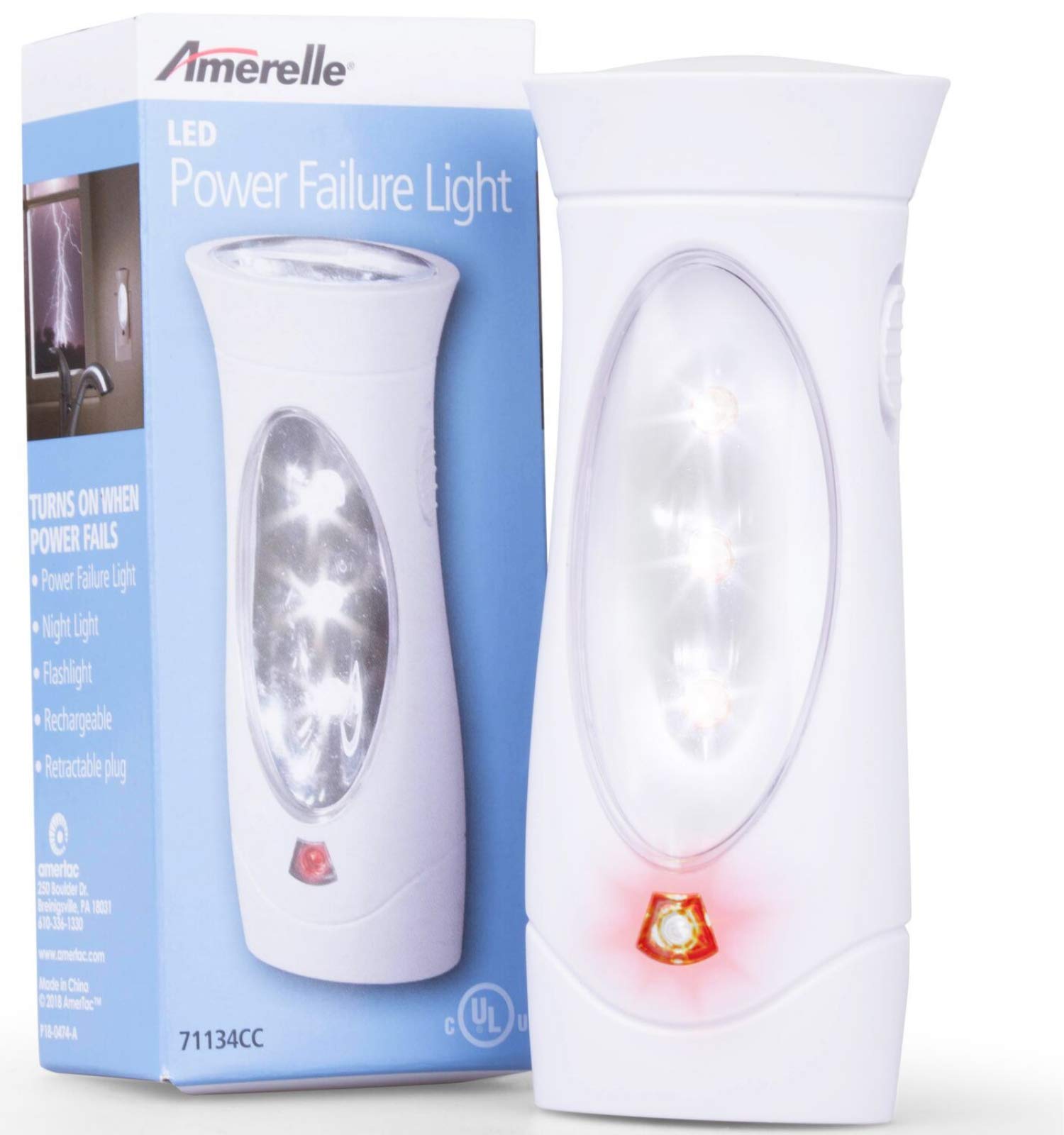 AMERELLE LED Emergency Lights - Power Failure Light & Flashlight Combo, Rechargeable, White, Model 71134, Pack of 1
