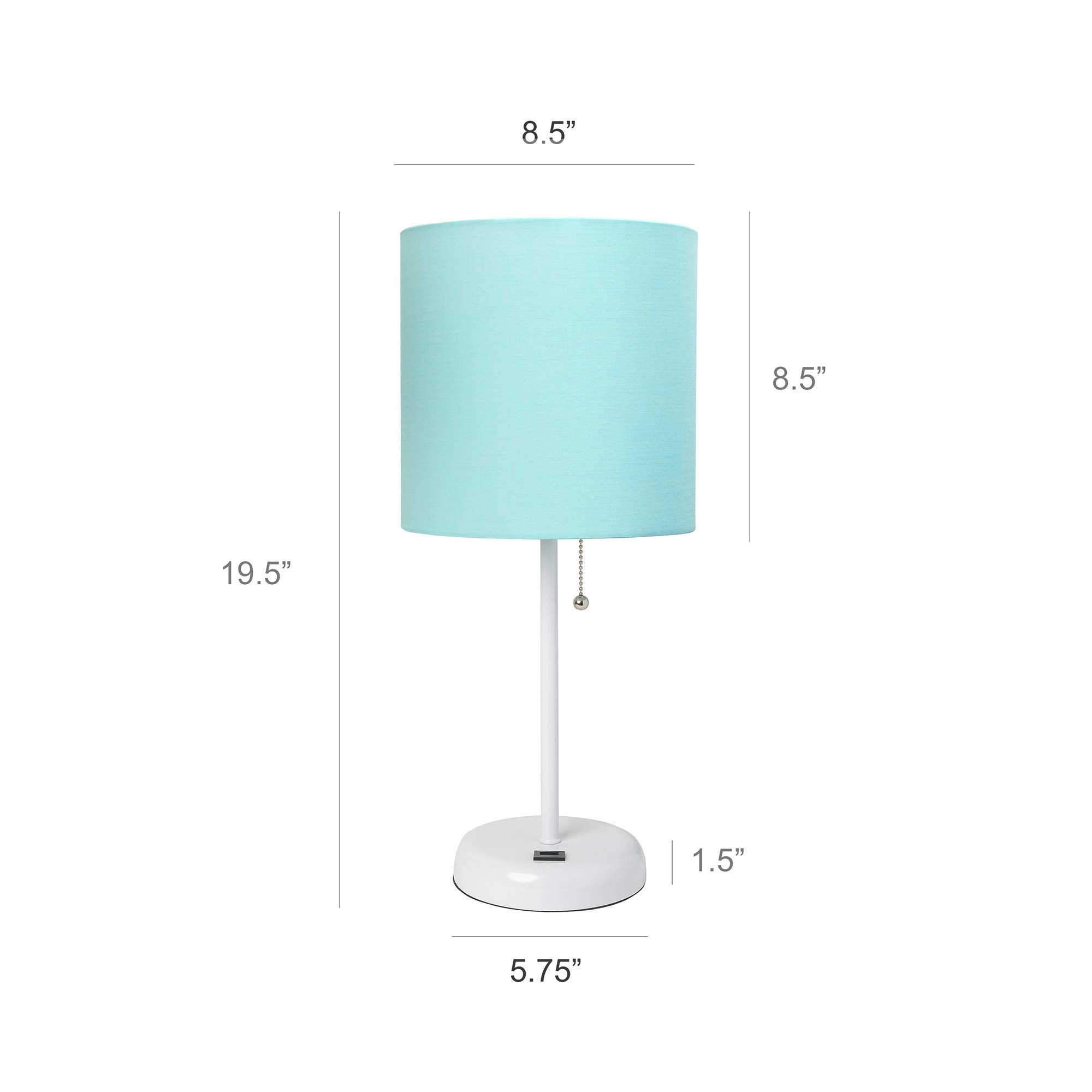 Simple Designs Lc2002-Aow-2Pk White Stick Table Lamp Set With Usb Charging Port And Aqua Fabric Shades, 2 Pack Set