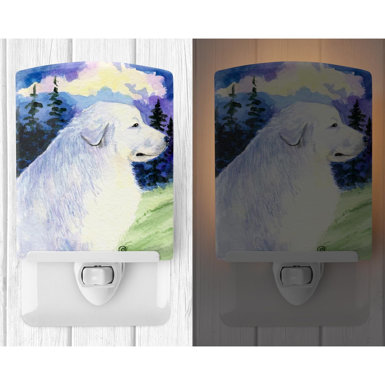 Caroline'S Treasures Ss8980Cnl Great Pyrenees Ceramic Night Light Compact, Ul-Certified, Ideal For Bedroom, Bathroom, Nursery, Hallway, Kitchen, 6X4X3, Multicolor