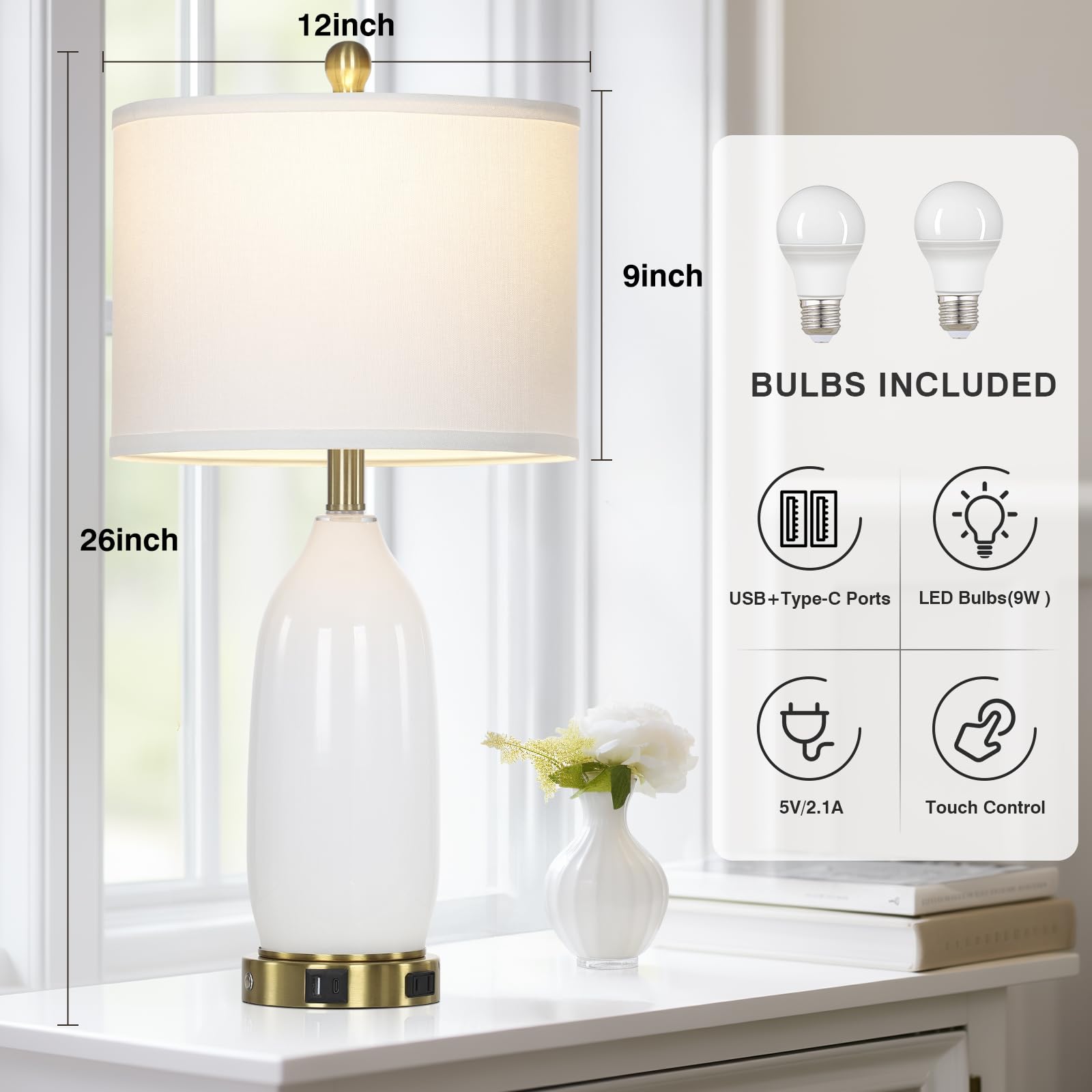 Rinweey 26'' Modern White Glass Table Lamps Set Of 2,Nightstand Lamp With Usb A+C Ports & Ac Outlet,Bedside Lamps With 3-Way Dim
