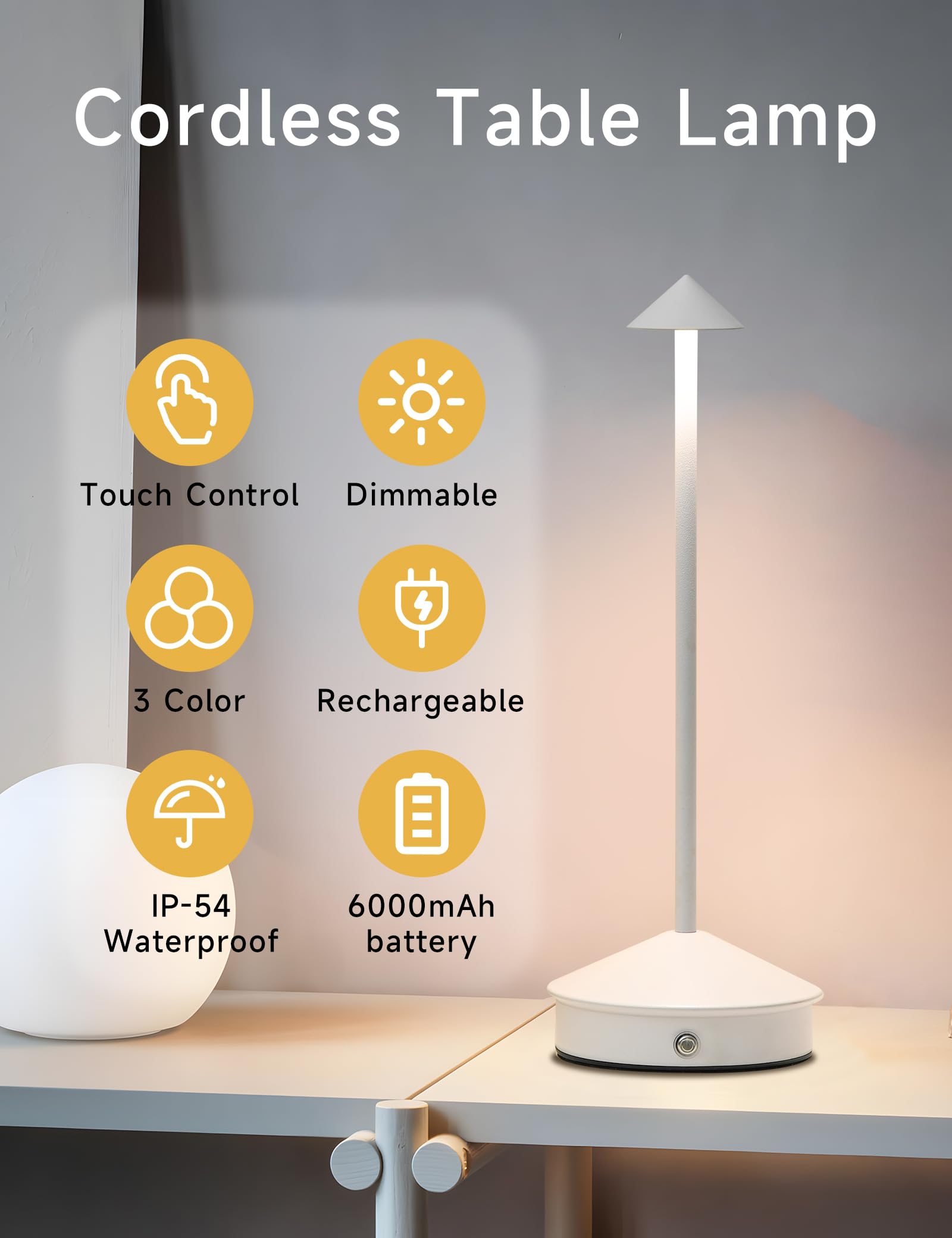 KROPTIB LED Rechargeable Table Lamps, Portable Touch Dimmable, Waterproof, Set of 2, White, Model ttl-jj-wh-2-n