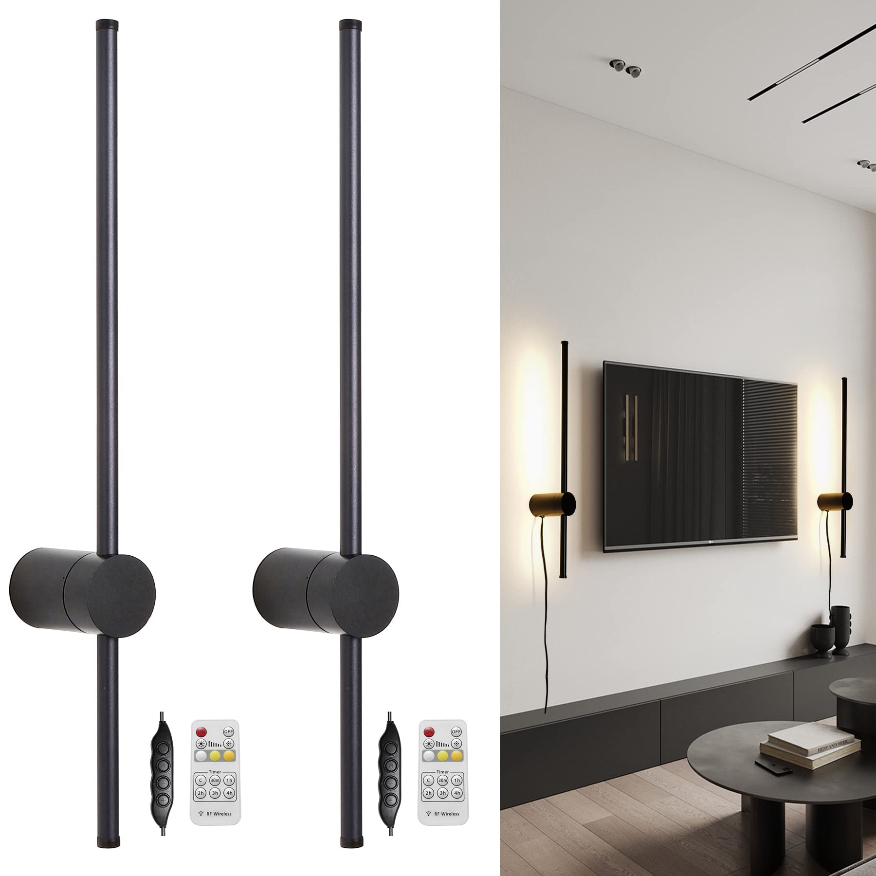 Ditoon RC Dimmable Wall Sconce Set of Two, 23.6in LED Black Lights, Aluminum, Model DI221129JA60/2d