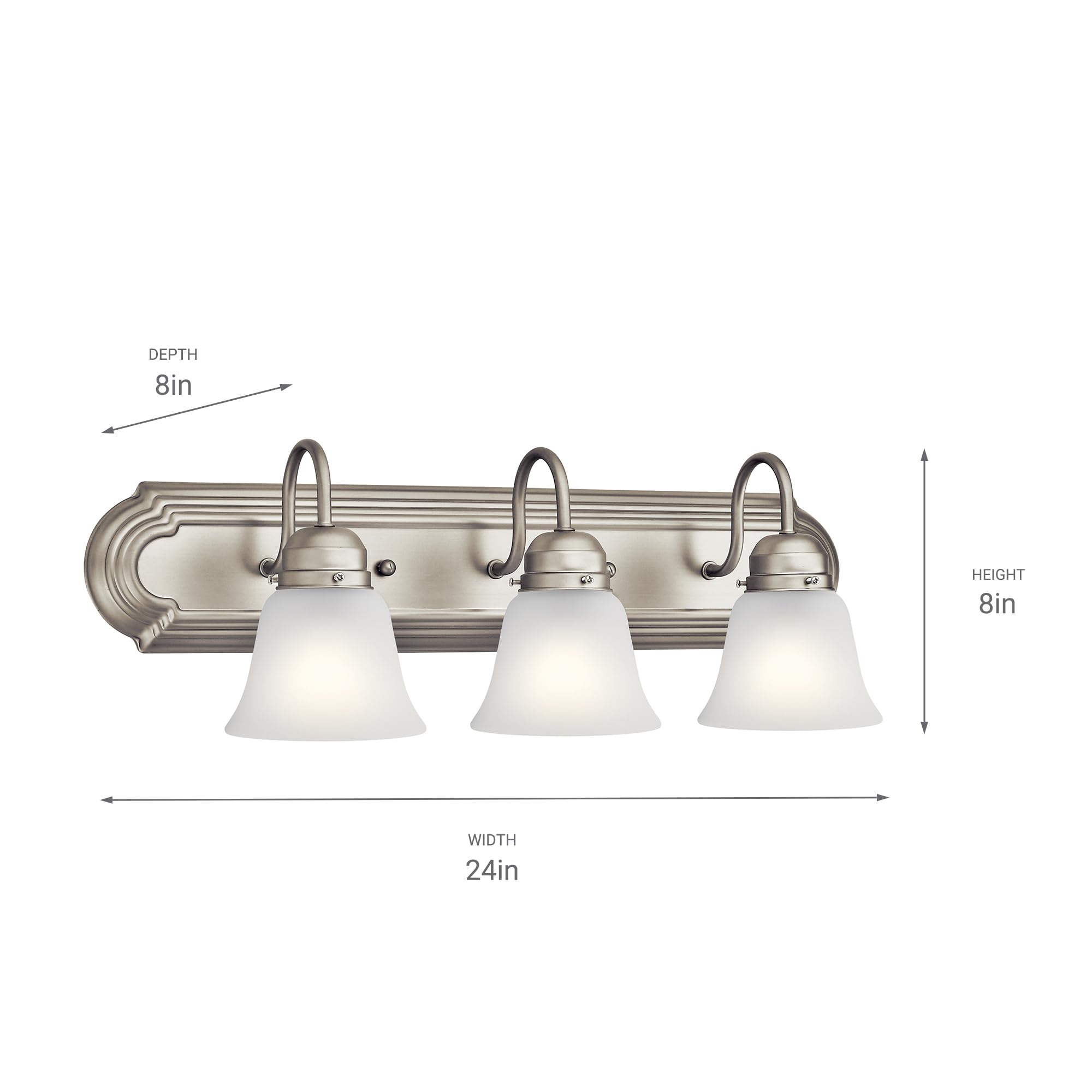 Kichler 24'' 3-Light Vanity Bath Light In Brushed Nickel, Modern Bathroom Light With Clear Satin Etched Glass, (24'' W X 8'' H),