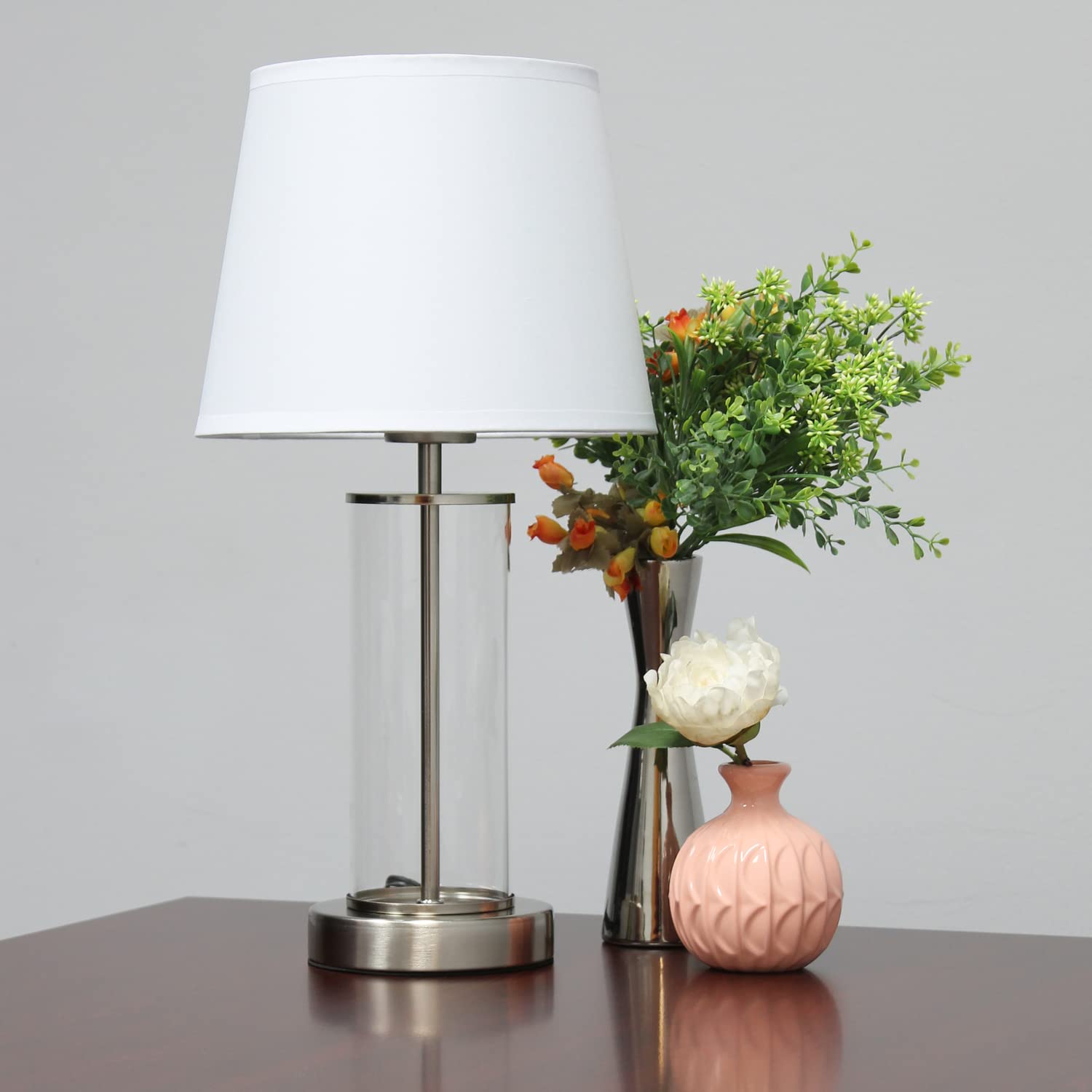 Simple Designs LT2081-BSW Small Bedside Table Lamp, Brushed Nickel, Glass, 8.66inL x 8.66inW x 16.93inH, White Shade