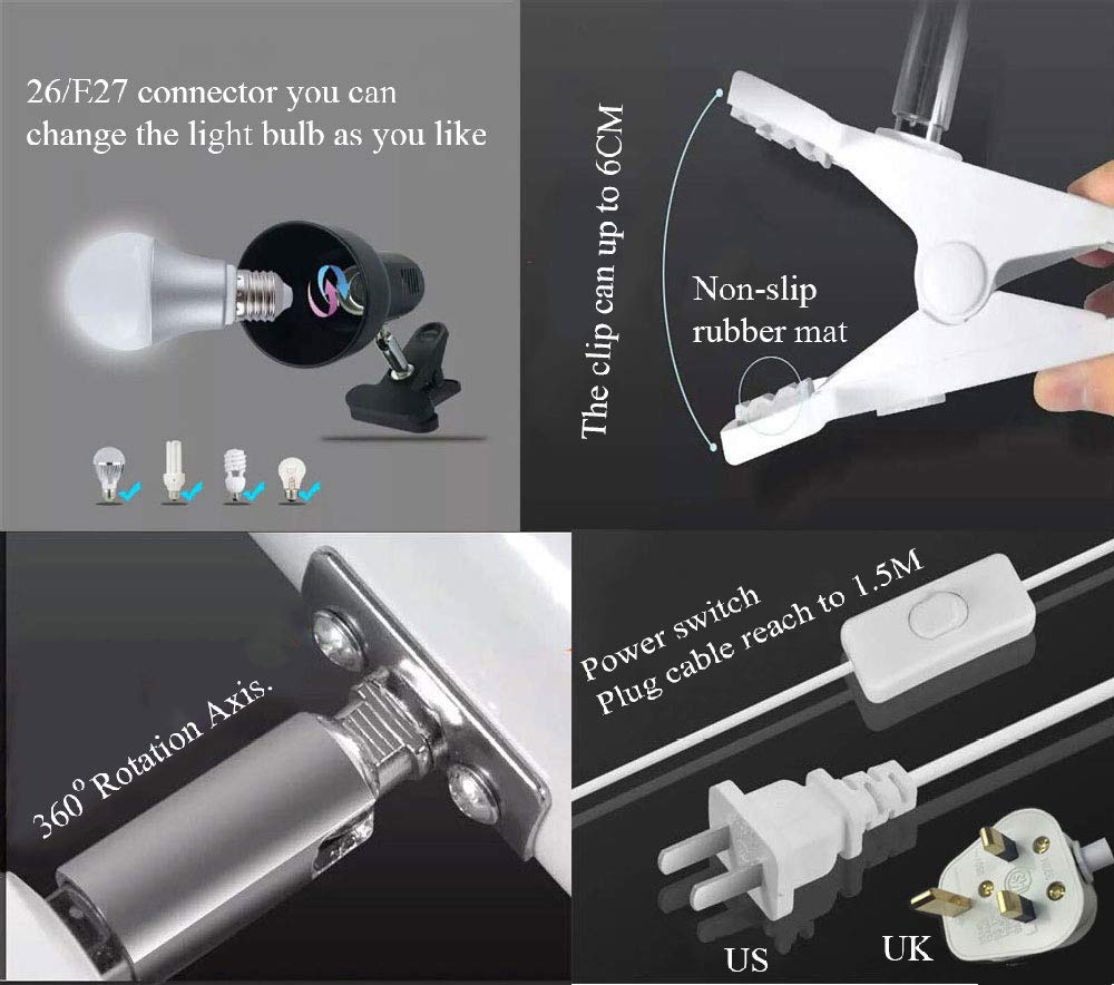 Sun-Rising Clip Lamp - 360° Rotation, Portable Book Light, Black, Seven Colors, Desk/Clamp Light