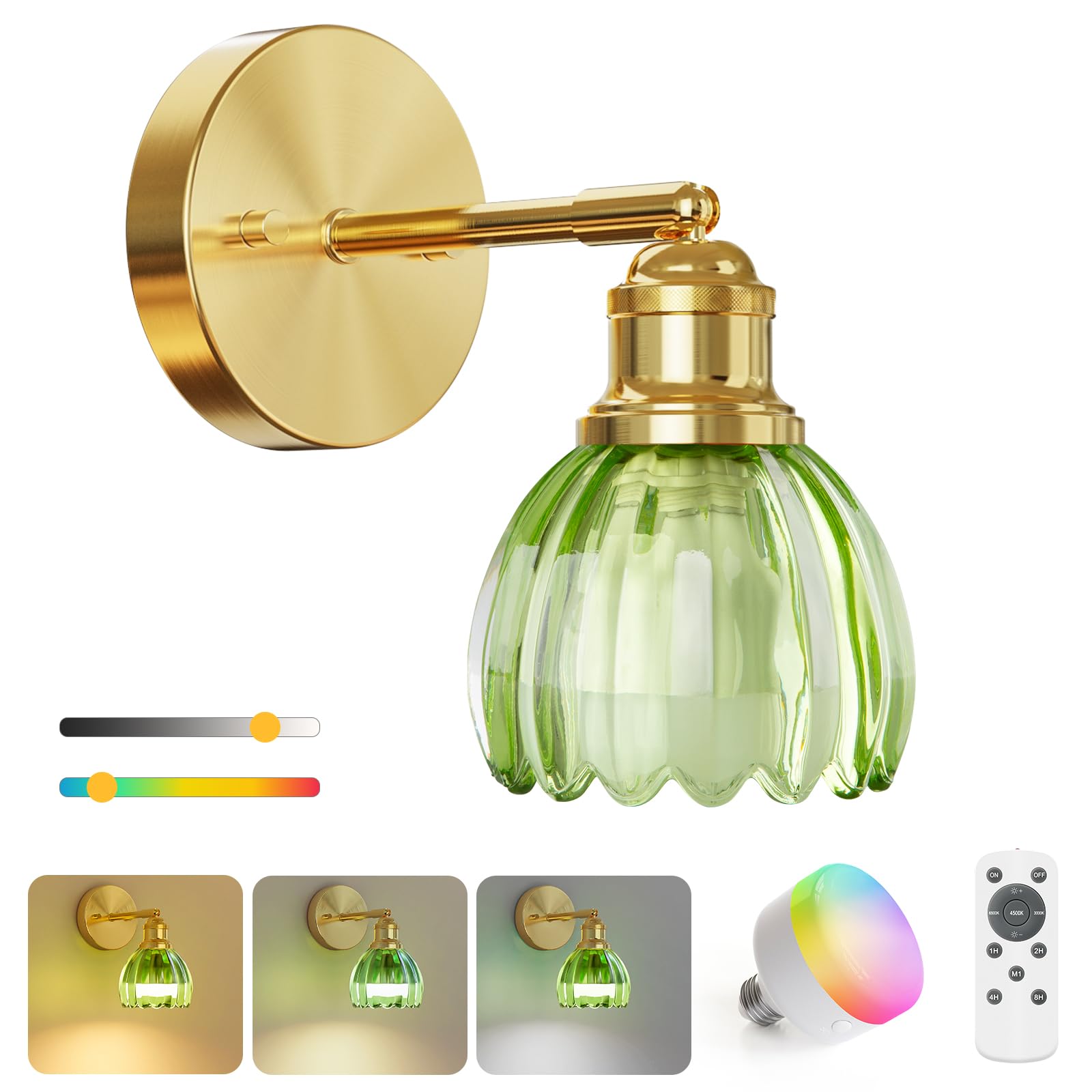 Niorsun Battery Operated Wall Sconce, Green Wireless Rechargeable Wall Lights With 5200Mah Dimmable Detachable Bulbs And Remote,