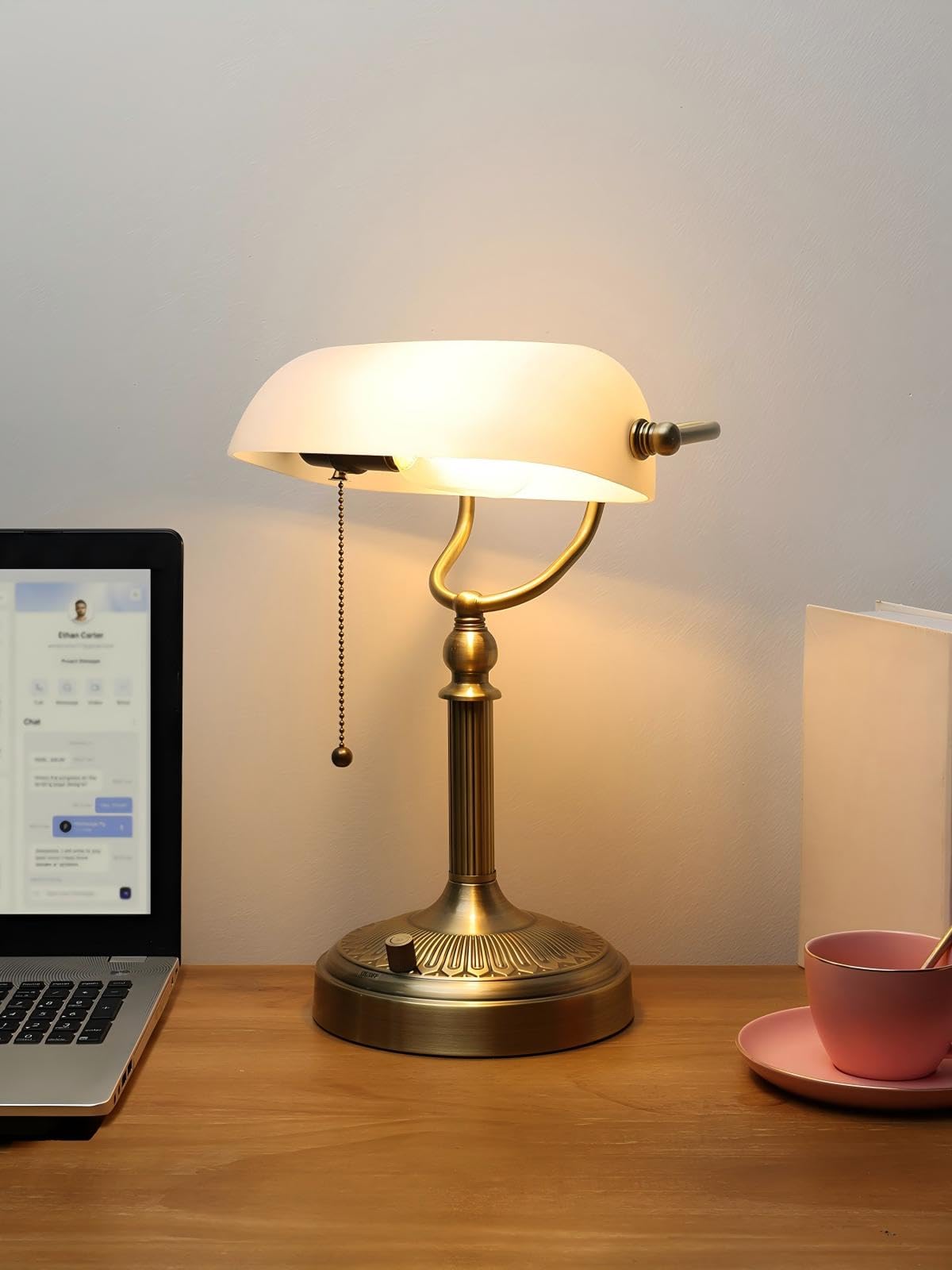 Newrays White Matted Glass Bankers Desk Lamp, Stepless Dimmable, LED Bulb Included, Model T9008