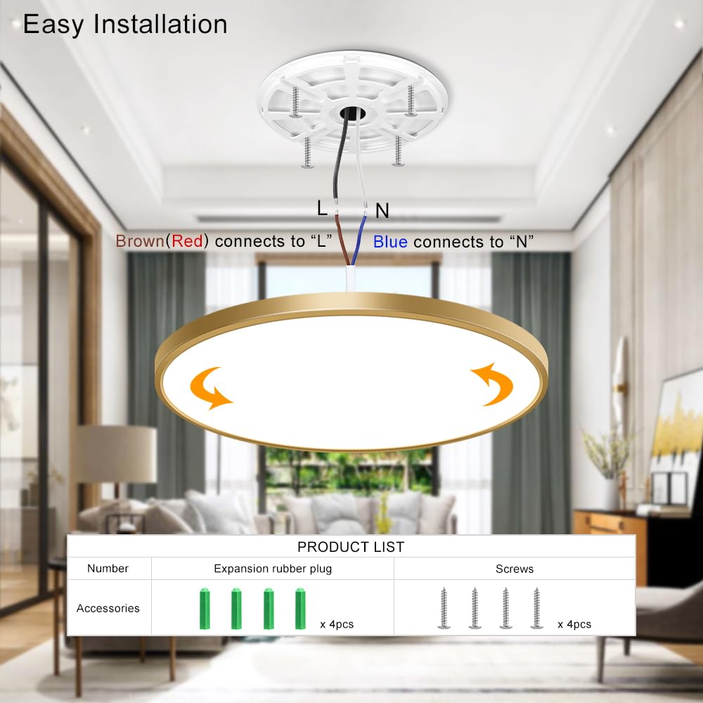Fletergib 15.7 Inch Gold Flush Mount Ceiling Light Fixture, 5000K Daylight White, 32W 3800Lm Bright Led Ceiling Light, Flat Round Light Fixtures Ceiling Mount For Bedrooms Living Rooms