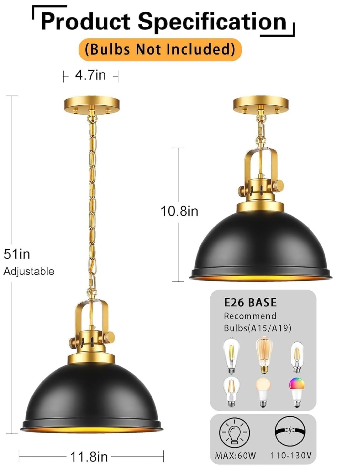 Mgcanyu 2-Pack Black Gold Pendant Lights, 12in Matte Black Metal Fixture for Kitchen, Dining Room, Industrial Style, Model M-XT-D