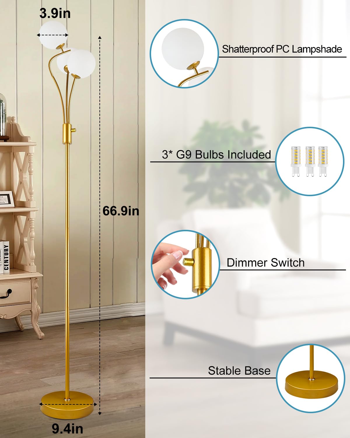 Lightdot Globe Standing Lamps With 3Pcs 3000K G9 Bulbs Stepless Dimmable Gold Floor Lamp With Stable Base 3-Lights Modern Design