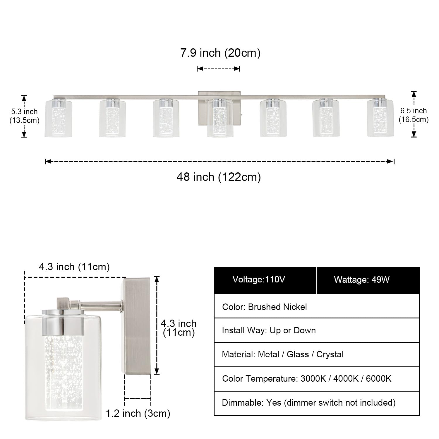 Sinerise 7-Light Brushed Nickel Vanity Light With 3 Color Modes (3000K/4000K/6000K), Eye Protection Led Bathroom Light Fixture,