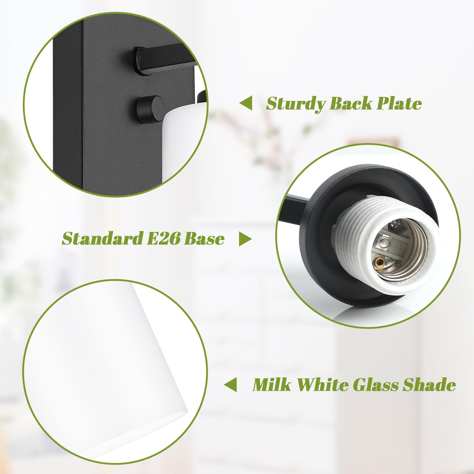 VerRon Set of 2 Wall Sconces, Modern Matte Black Lighting with White Glass Shade, 2-Light Fixtures for Bathroom & Living Room