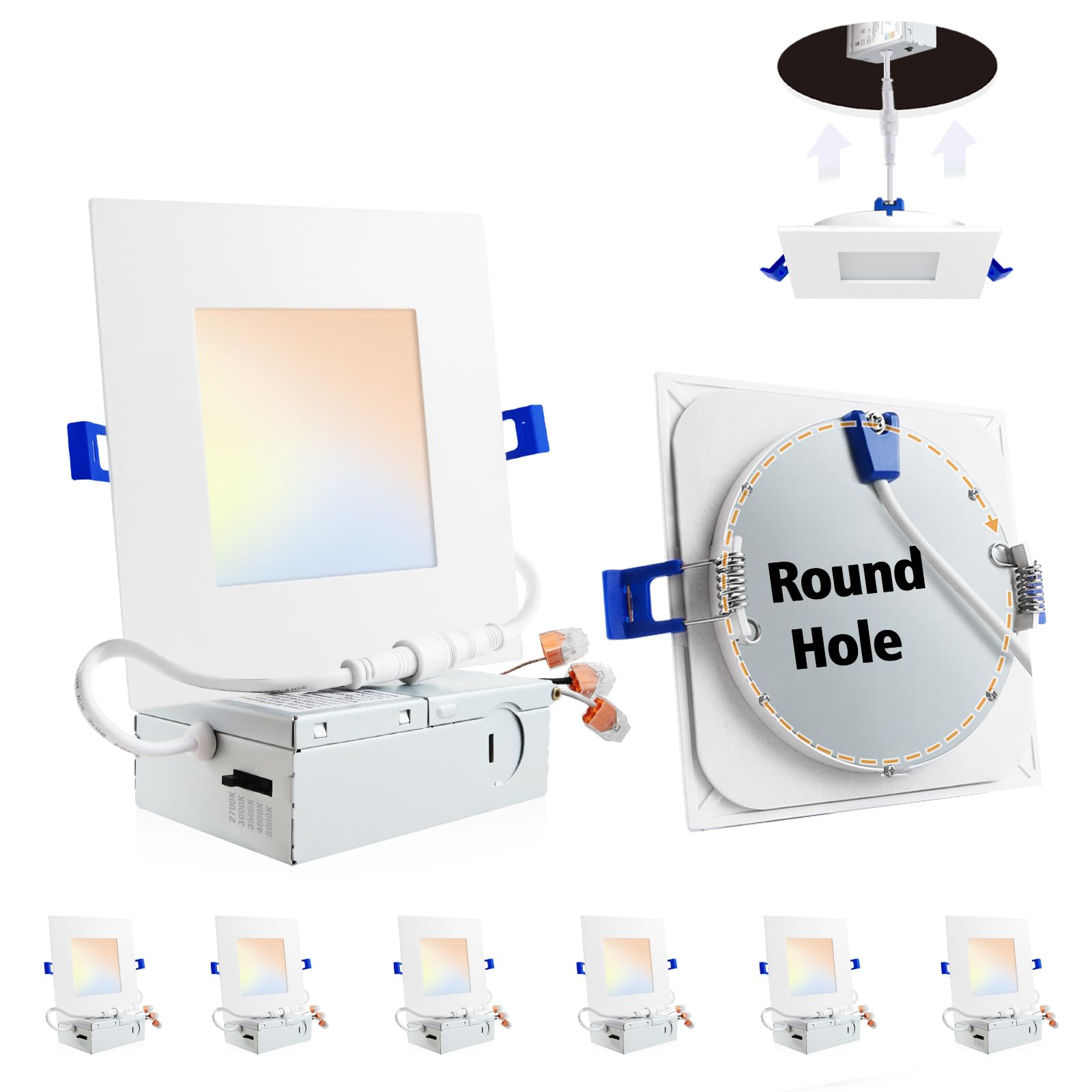 Adetu 6 Pack 6 Inch Square Led Recessed Lighting,5Cct Ultra Thin Square Led Ceiling Light With Junction Box,14W 1190Lm,Cri90,2700K-5000K Selectable,Dimmable Canless Downlight,Etl And Energy Star