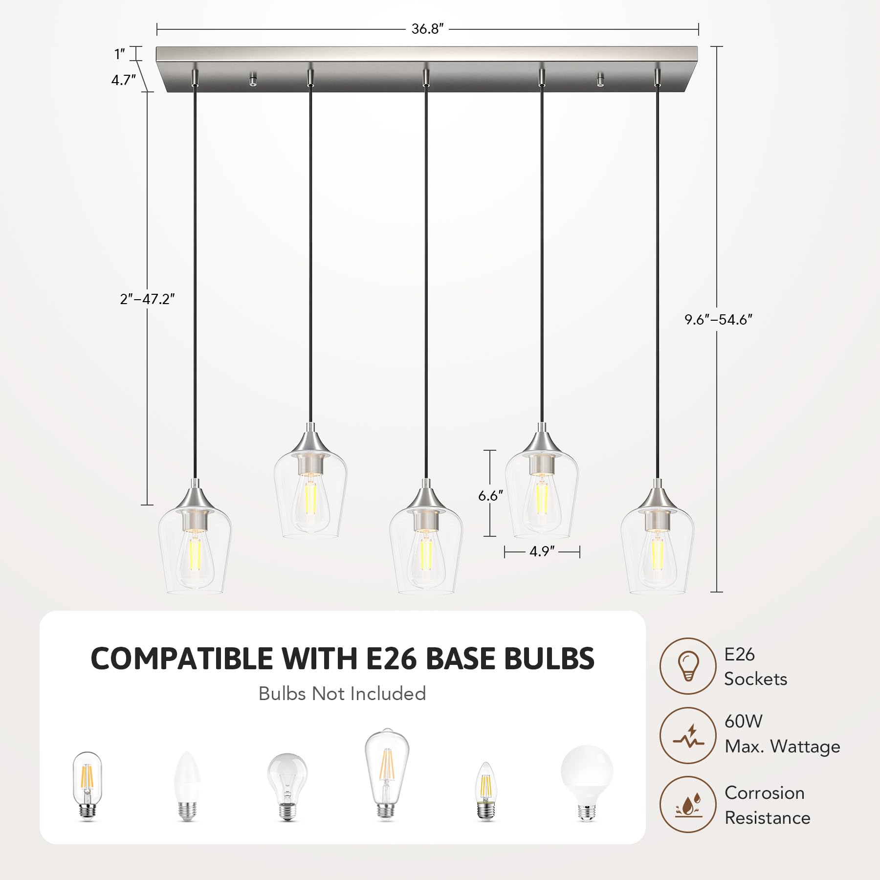 VONLUCE 5-Light Pendant Light Fixture, Modern Metal Design, Wine Glass Shades, Brushed Nickel, Adjustable 10"-55" Height, Model PDL-GLW5-NI