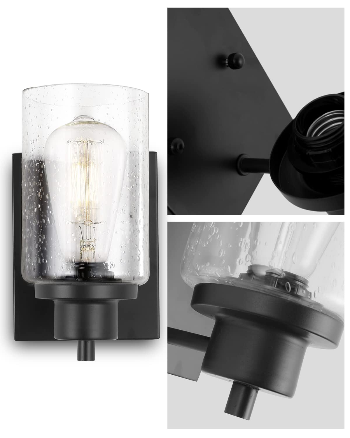 Eidonta Bath Vanity Light Fixtures, Modern Wall Sconce, Seeded Glass, 3 Pack, Black