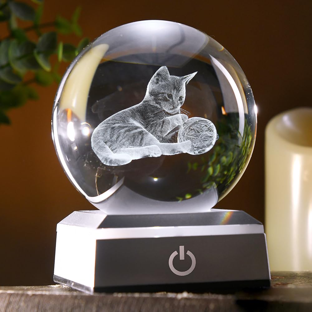 ZRENJHUS 80mm Cat Lover Gifts for Women 3D Laser Cat Night Light Cat Crystal Ball Decor Kitten Collectibles Stuff for Room Decor