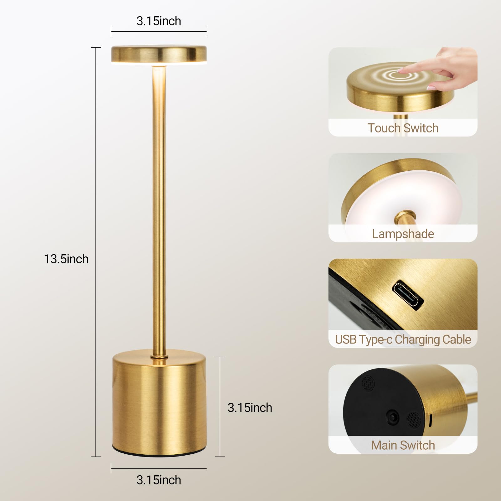 Zoopeen Gold Cordless Table Lamp,Rechargeable 5200Mah Battery Operated Touch Desk Lamp,3 Color Stepless Dimming Up Bedside Lamps