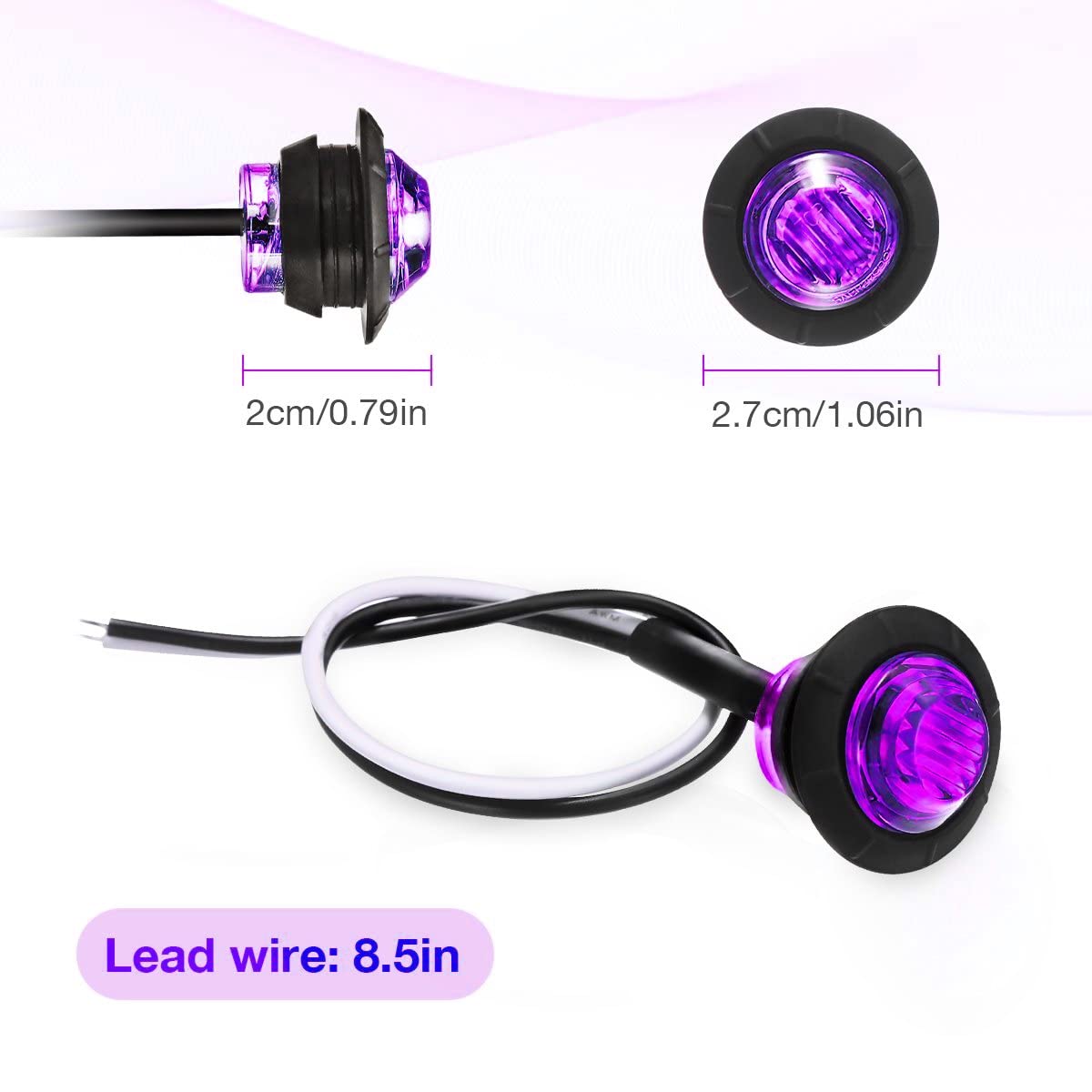 KEING 10 Pack Waterproof Mini Round 3/4 Inch Purple LED Marker Lights for Trailer, Truck, RV, 12V, 5-Year Warranty