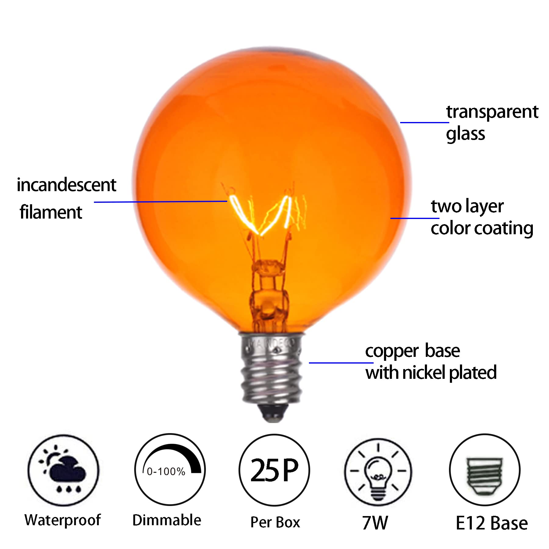 MAINDECO G50 Replacement Bulbs 25 Pack, 120V 7W Incandescent, E12 Base, Orange Glass for Indoor/Outdoor String Lights