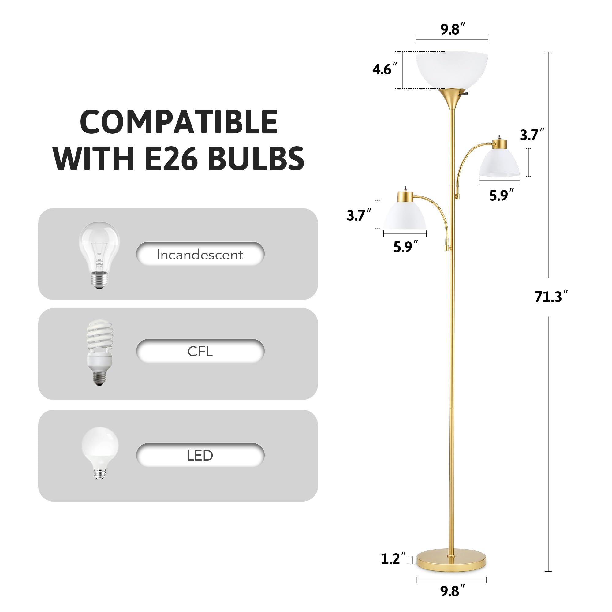 Vonluce 71'' Floor Lamp For Living Room With 3 Color Temperatures, Standing Lamp With Adjustable Reading Light, Modern Torchiere