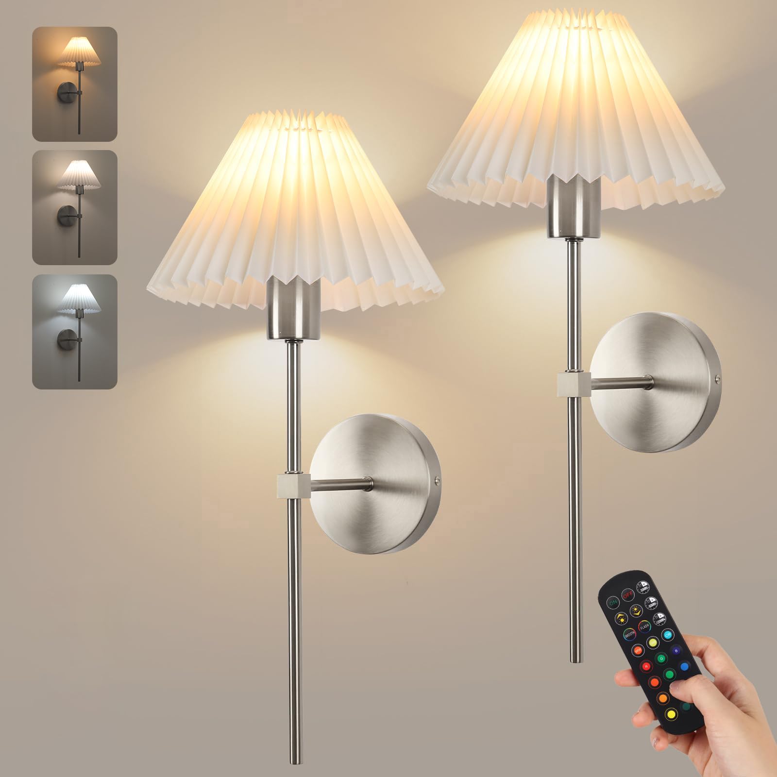 Wireless Wall Sconce Sets of 2, Pleated Shades Rechargeable Battery Operated Wall Sconce, Retro Industrial Brushed Nickel Bathro