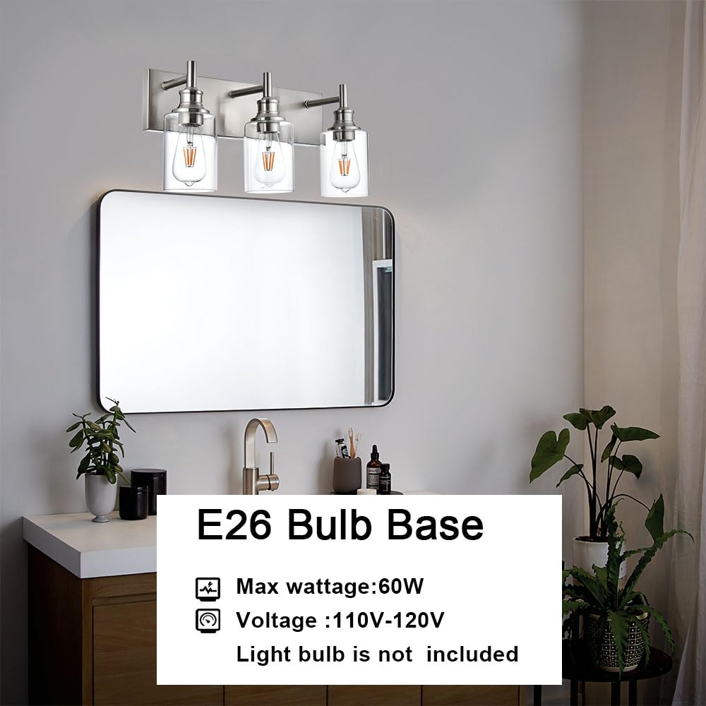 Wanluce 3 Light Bathroom Vanity Light Brushed Nickel Bathroom Lighting Fixtures Over Mirror, Modern Bathroom Light With Clear Gl