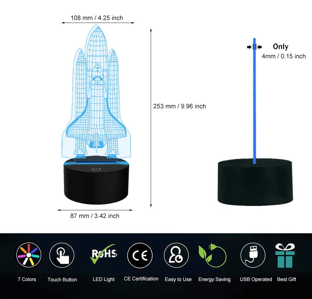 YKLWORLD Rocket Night Light 3D Illusion Lamp LED Touch Sensor USB Desk Lamp for Kids - 7 Color Changing, Space Shuttle Design