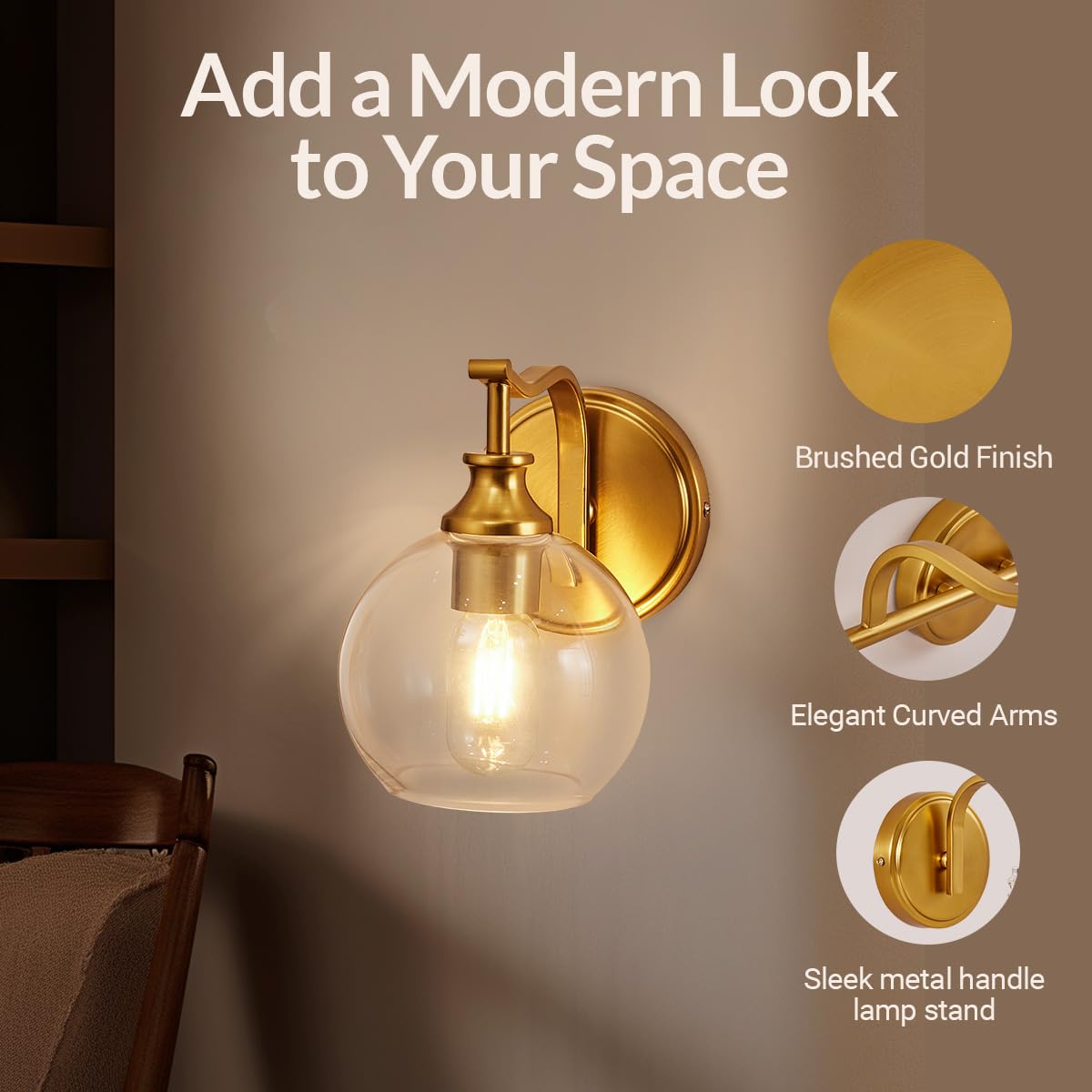 ANDY STAR Brushed Gold Bathroom Light Fixture, 1-Light Wall Sconce with Clear Globe Shade, Metal Vanity Lighting for Home