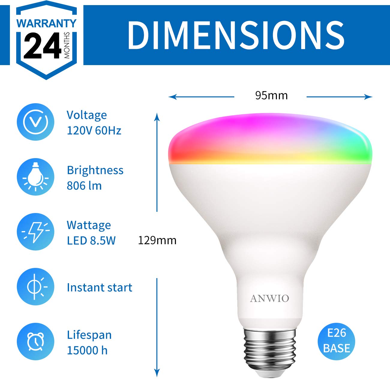 ANWIO Smart BR30 LED Light Bulb, RGB Color Changing, WiFi Dimmable, E26 Base, 8.5W (60W Equivalent), 2 Pack, Compatible with