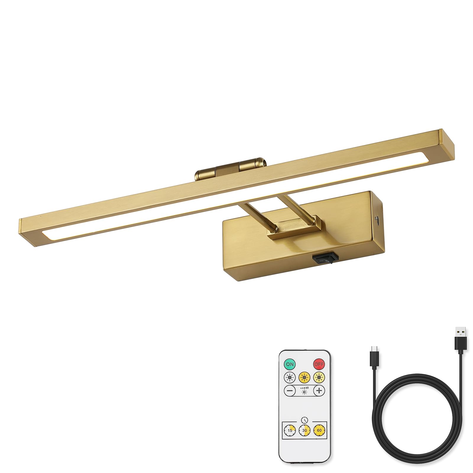 Keliden Wireless Picture Light Battery Operated With Remote Led Art Lights For Paintings Rechargeable Dimmable 15.7" Brass Lights Over Pictures On Wall Gold With Swing Arm For Display