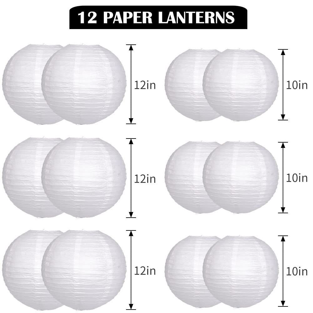 Yunxuan Paper Lanterns Decorative, White Hanging Round Chinese Lanterns With Lights For Wedding Anniversary Birthday Party 12 Le
