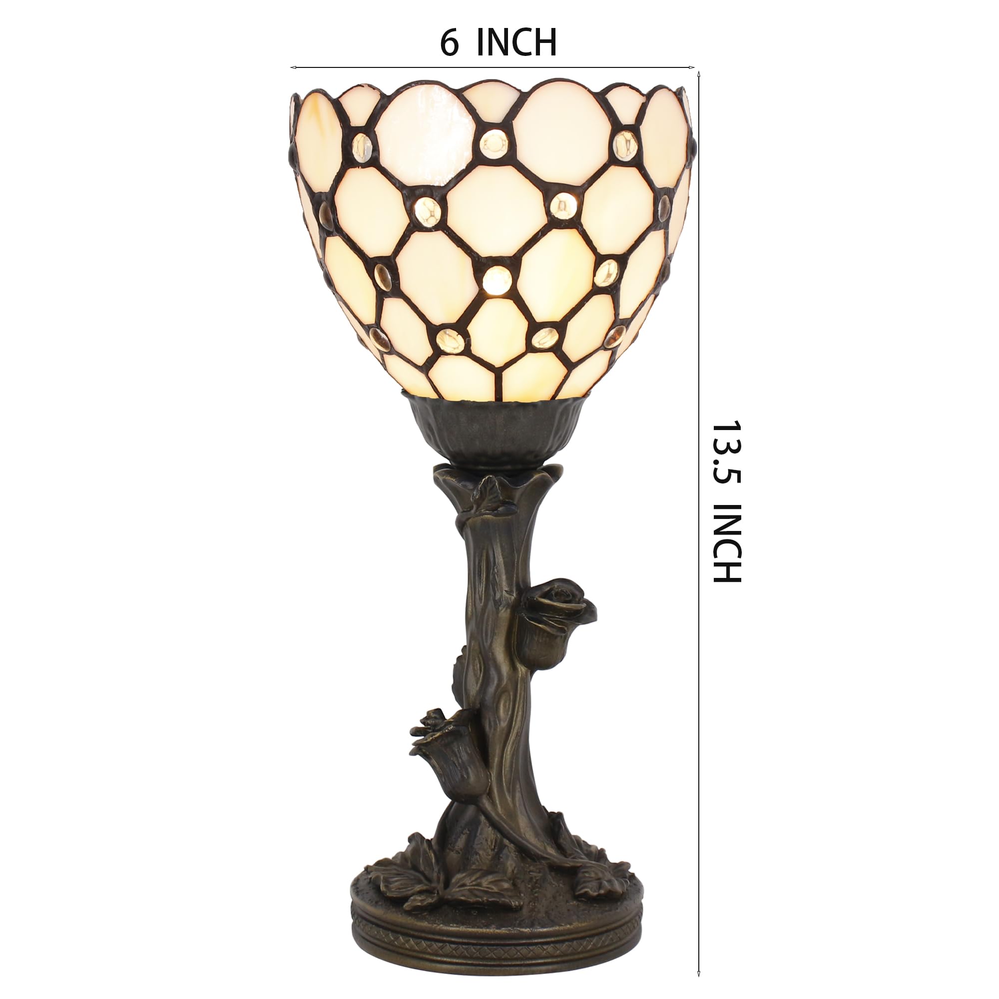 Avivadirect Small Tiffany Lamp Mini Stained Glass Table Lamp Cream Bead Accent Desk Uplight W6 H13.5 Inch Bronze Resin Base