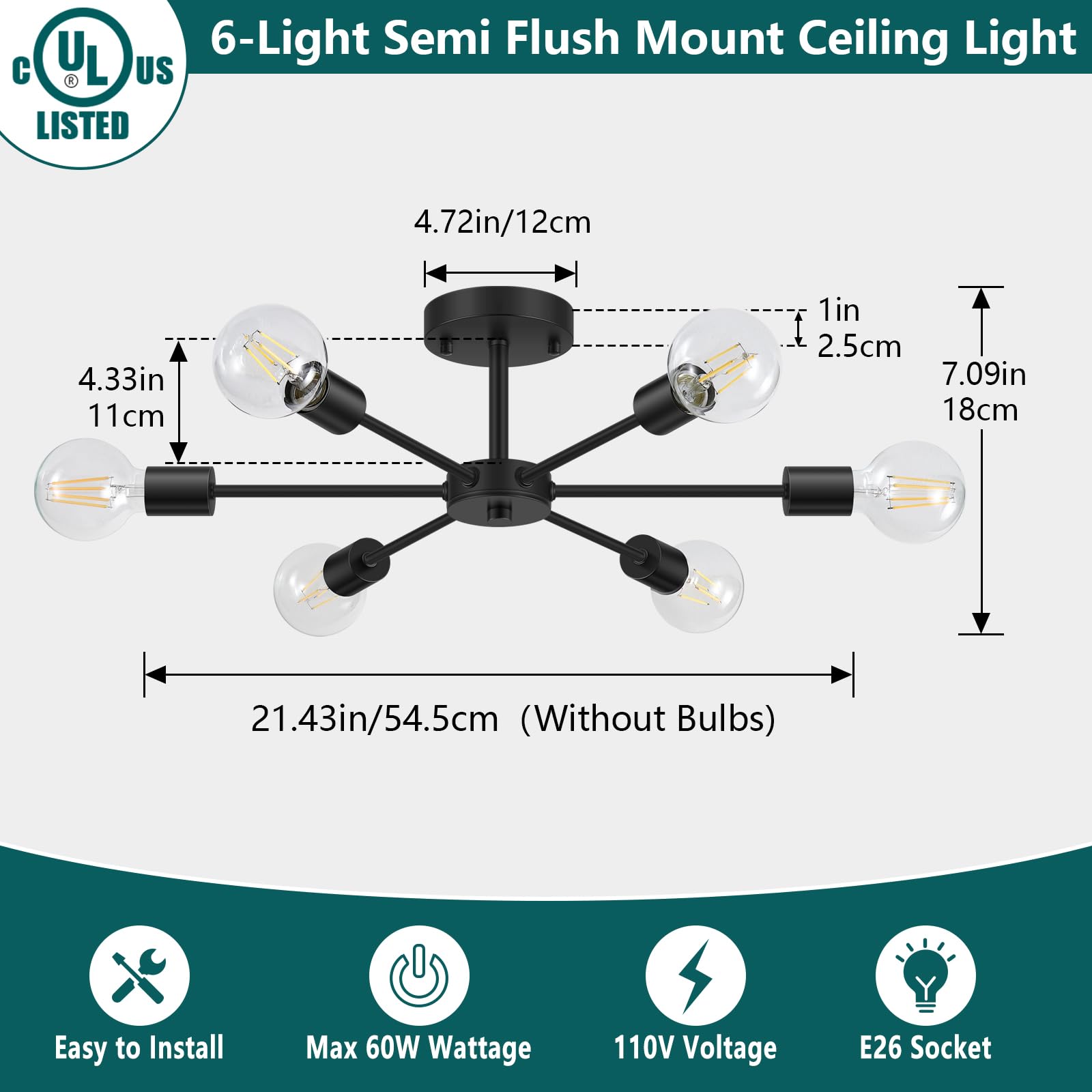 Lomoky 6-Light Semi Flush Mount Ceiling Light, Matte Black Sputnik Fixture For Home Décor
