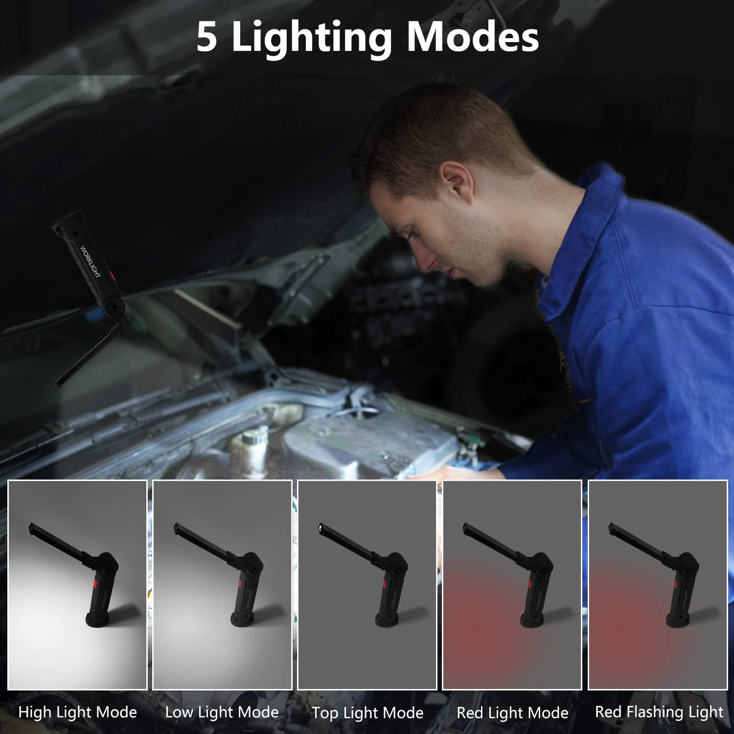 Working Light Portable, Rechargeable Work Lights With Magnetic Base Hanging Hook,360° Rotate 5 Modes,Cob Led 800 Lumens Foldable Inspection Light For Car Repair, Grill And Outdoor Use(2Pack)