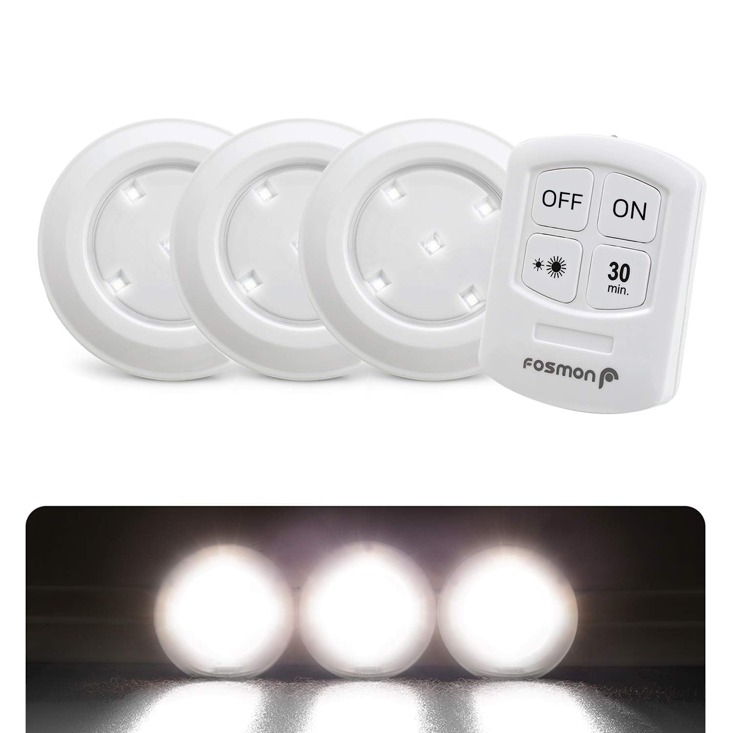 Fosmon Wireless LED Puck Light 3 Pack with Remote Control, Under Cabinet Lighting [5 Daylight White LED, Wide Floodlight Tap Sty