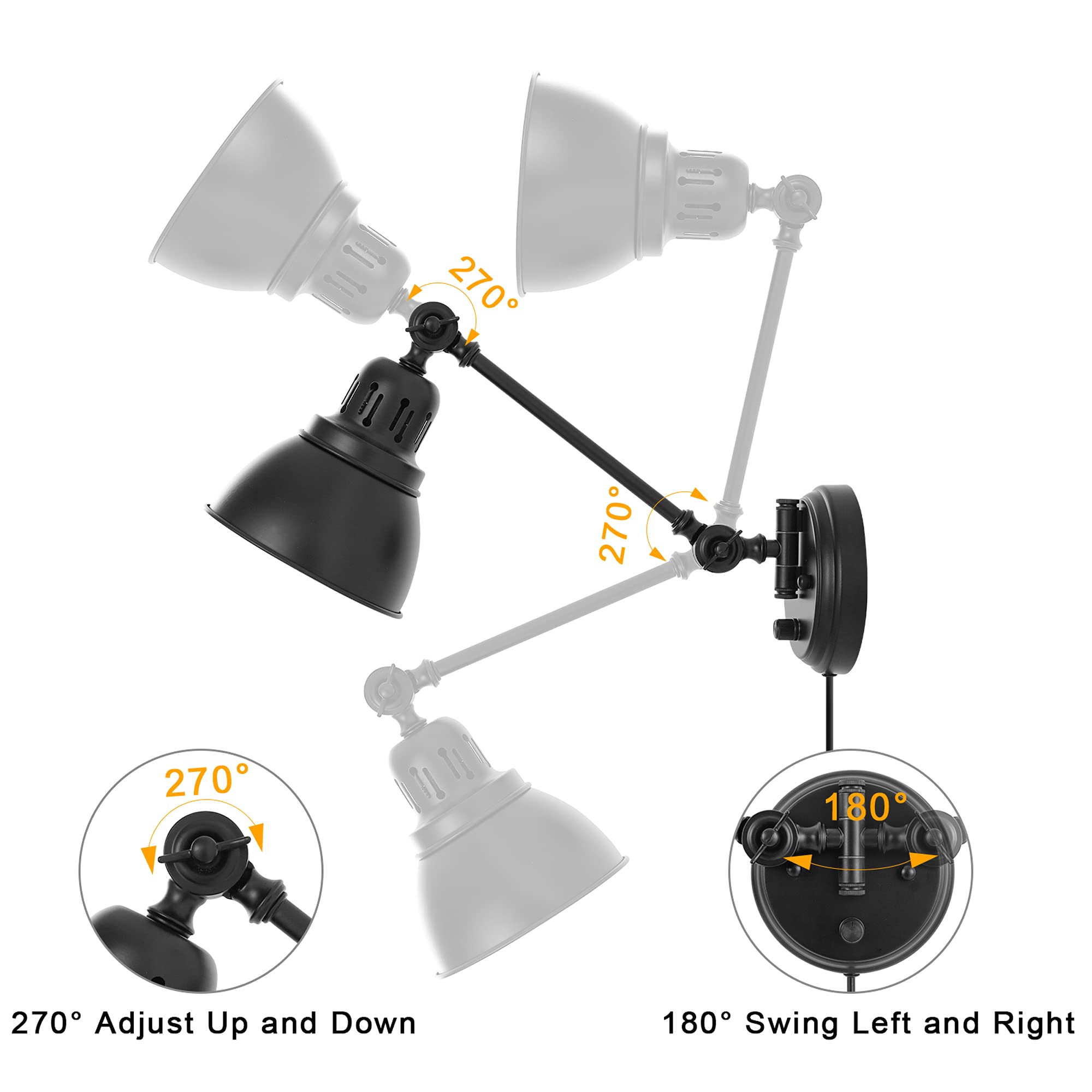 Goodate Wall Sconces Set Of 2, Dimmable Swing Arm Black Metal Lighting With 6Ft Cord