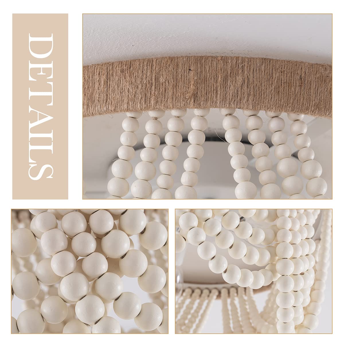 VILUXY Bohemia Wood Beaded Flush Mount Ceiling Light, Antique Rustic 3-Light Chandelier, Oak White Finish for Bedroom, Nursery, Dining Room