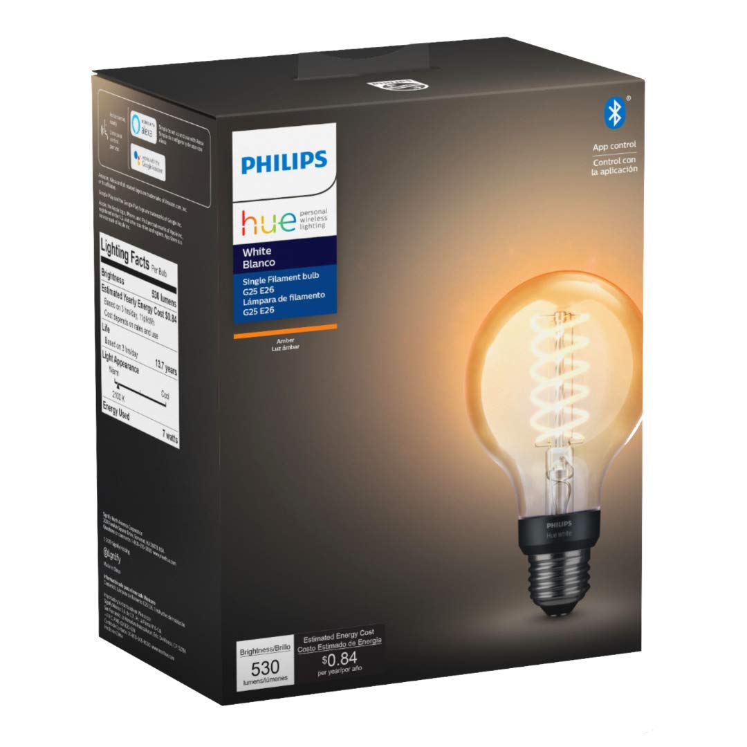 Philips Hue White Filament Globe G25 LED Smart Vintage Bulb, Bluetooth & Hub Compatible (Hue Hub Optional), Voice Activated with