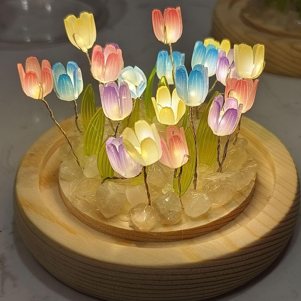 (20 Flower) Assembled Tulip Lamp Night Light With Glass Dome, Cool Handmade Artificial Flower Table Lamp Bedroom Desk Decoration